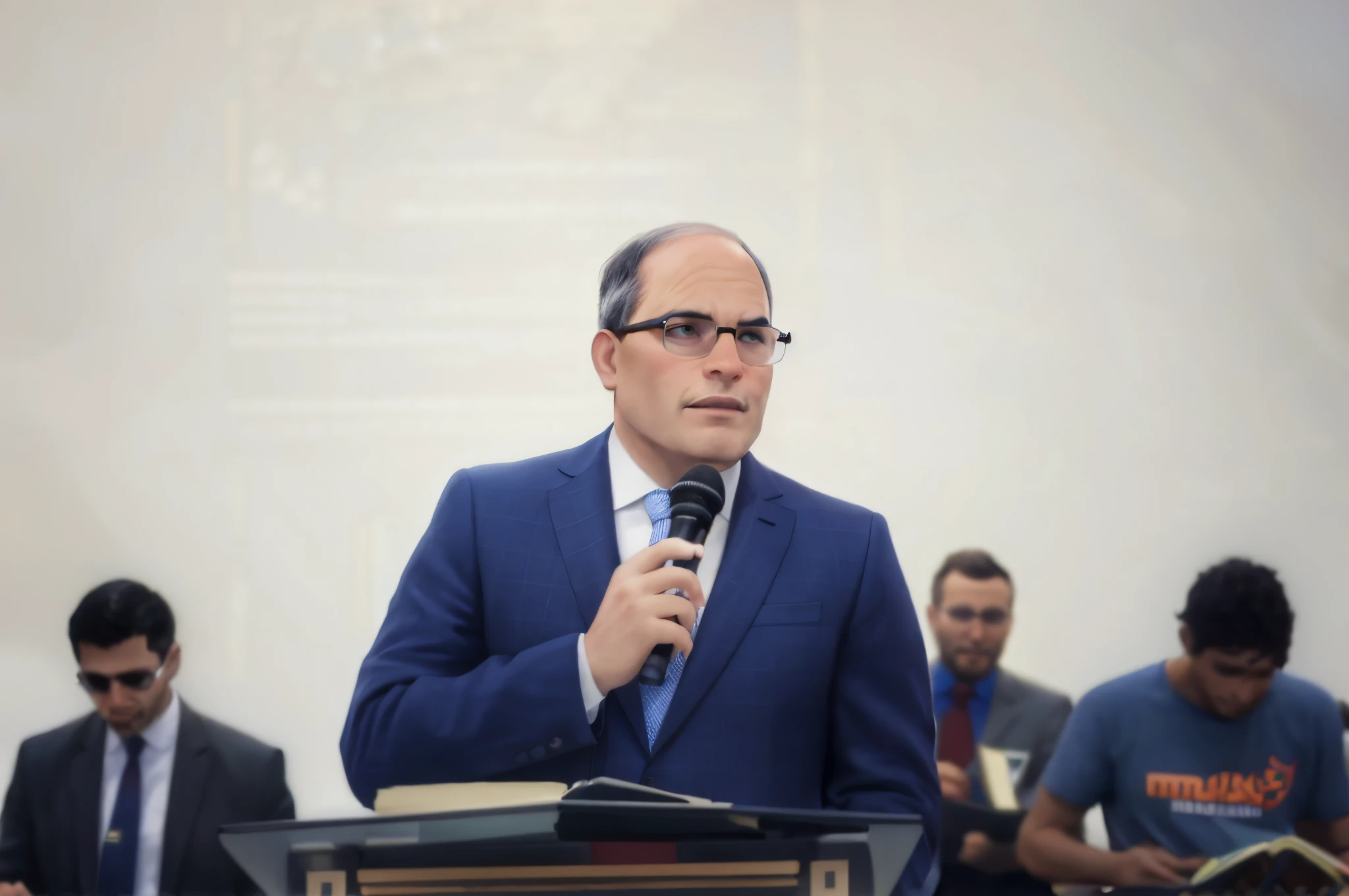 There's a man in a suit and tie speaking into the microphone, Moreno, crie a imagem Pixar