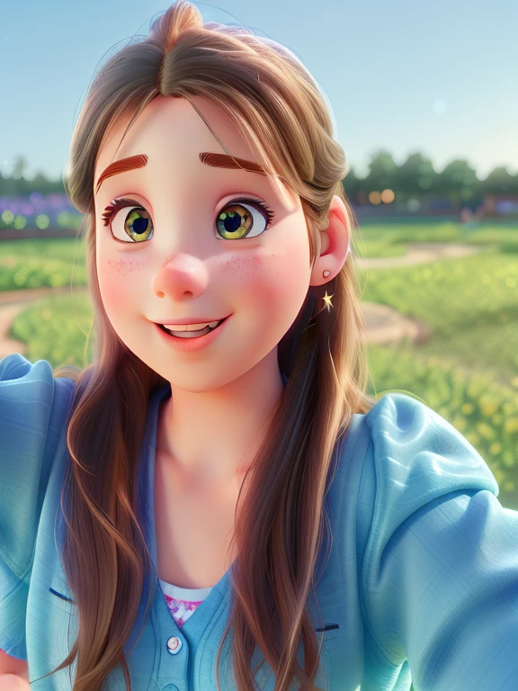 A girl with Disney Pixar style, high quality, best quality,ultra-detailed, realistic, vivid colors, sharp focus, studio lighting, bokeh, physcially-based rendering, long flowing hair, sparkling eyes, rosy cheeks, beautiful detailed lips, joyful expression, vibrant clothing, dynamic pose, whimsical background, magical atmosphere.