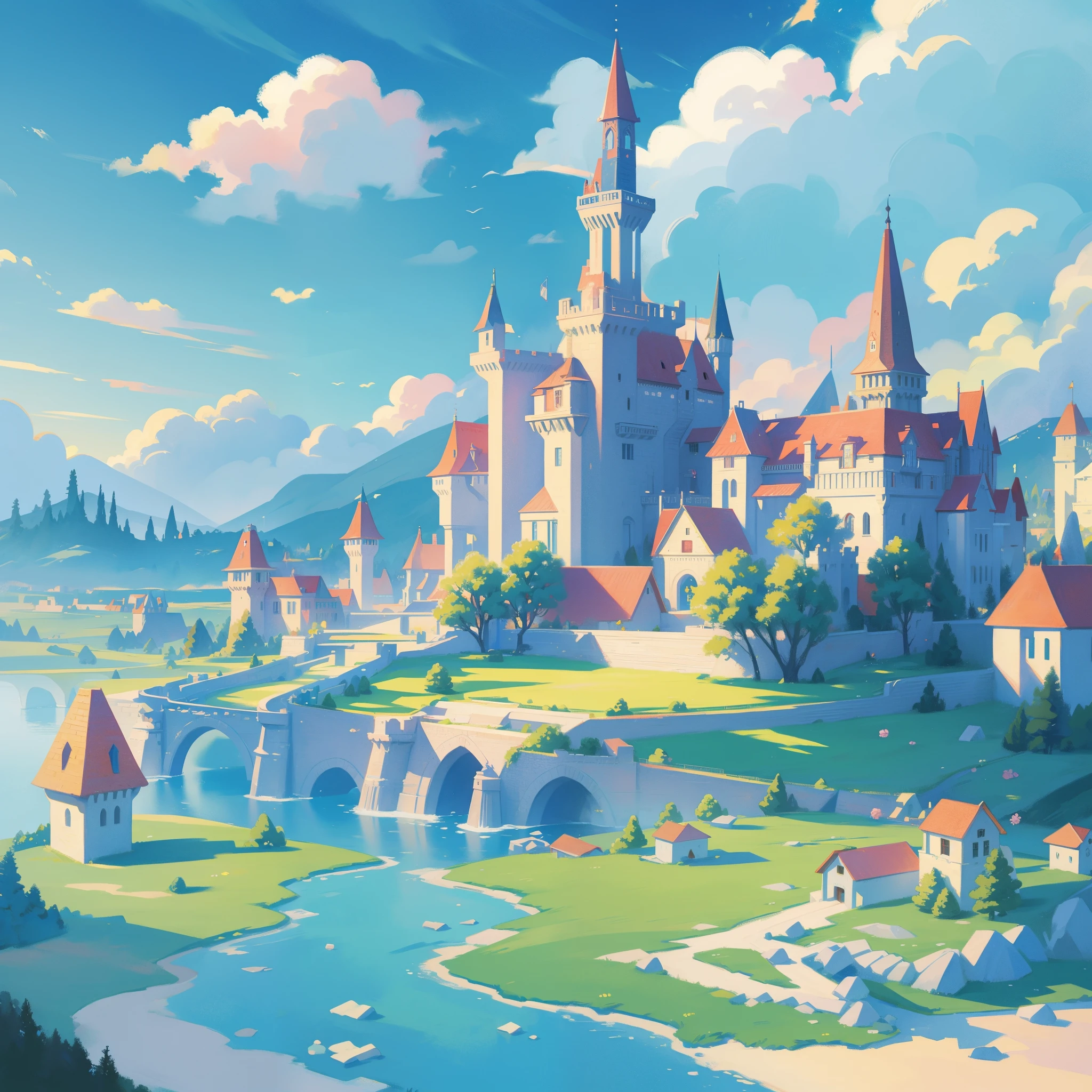 picture book illustration, watercolor storybook illustration, princess castle, fairytale castle, fairytale towers, clouds, vibrant pastel colors, dream, colorful, whimsical, magical, masterpiece, best quality, sharp focus, intricately detailed environment, fine detail, 8k resolution
