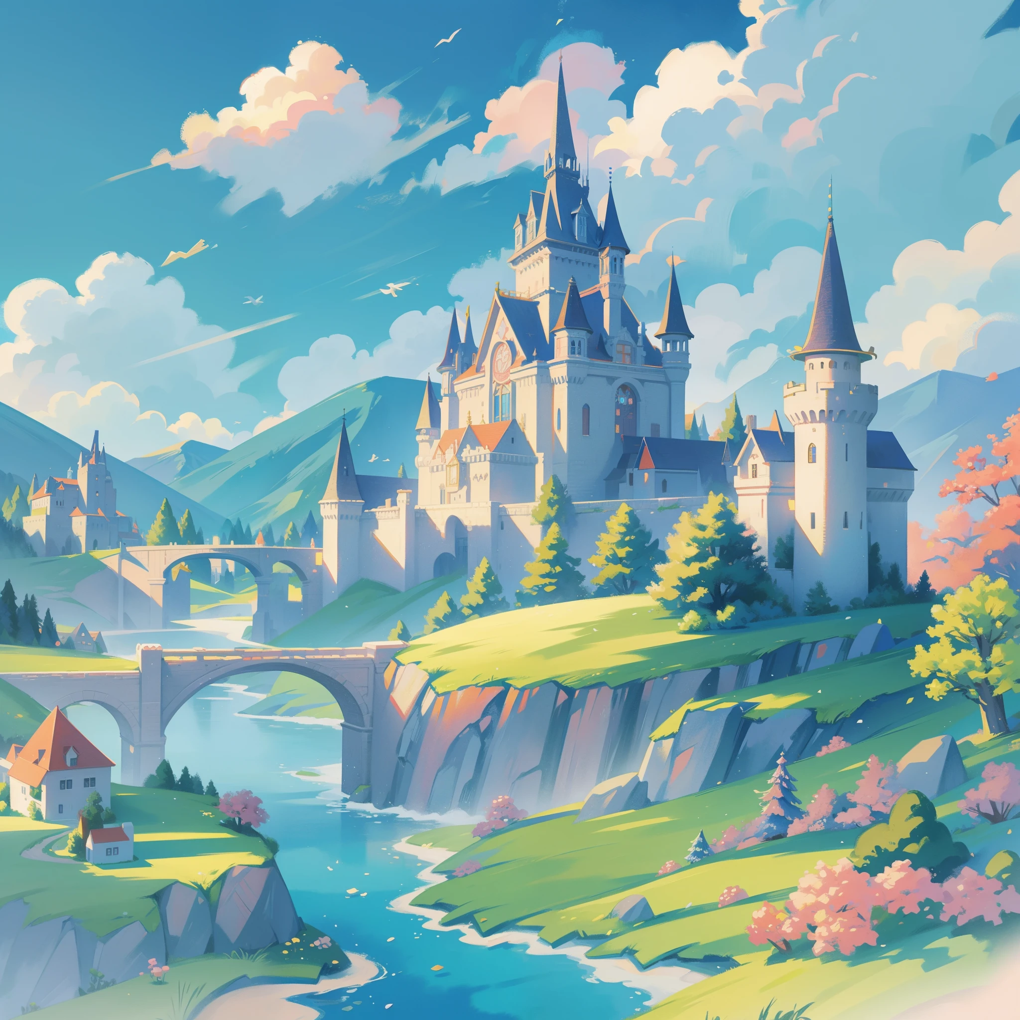 picture book illustration, watercolor storybook illustration, princess castle, fairytale castle, fairytale towers, clouds, vibrant pastel colors, dream, colorful, whimsical, magical, masterpiece, best quality, sharp focus, intricately detailed environment, fine detail, 8k resolution