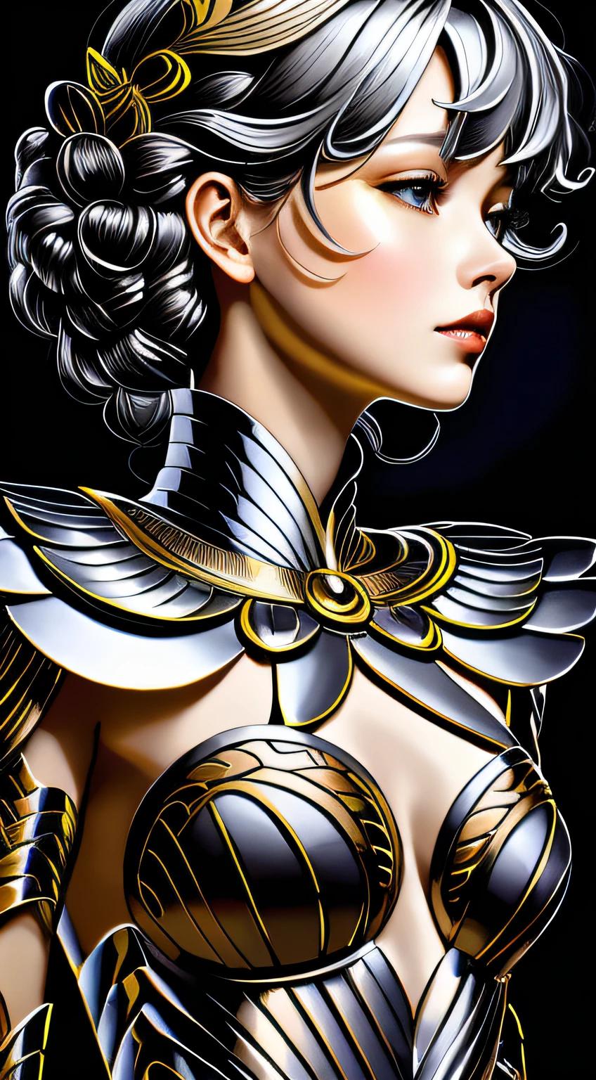 a close up of a woman with a black and gold armor, goddess. extremely high detail, exquisite digital illustration, great digital art, portrait of a queen, noble woman, beautiful girl, stunning illustration, female knight, glossy digital painting, (masterpiece, high quality, detailed), UHD, 8k