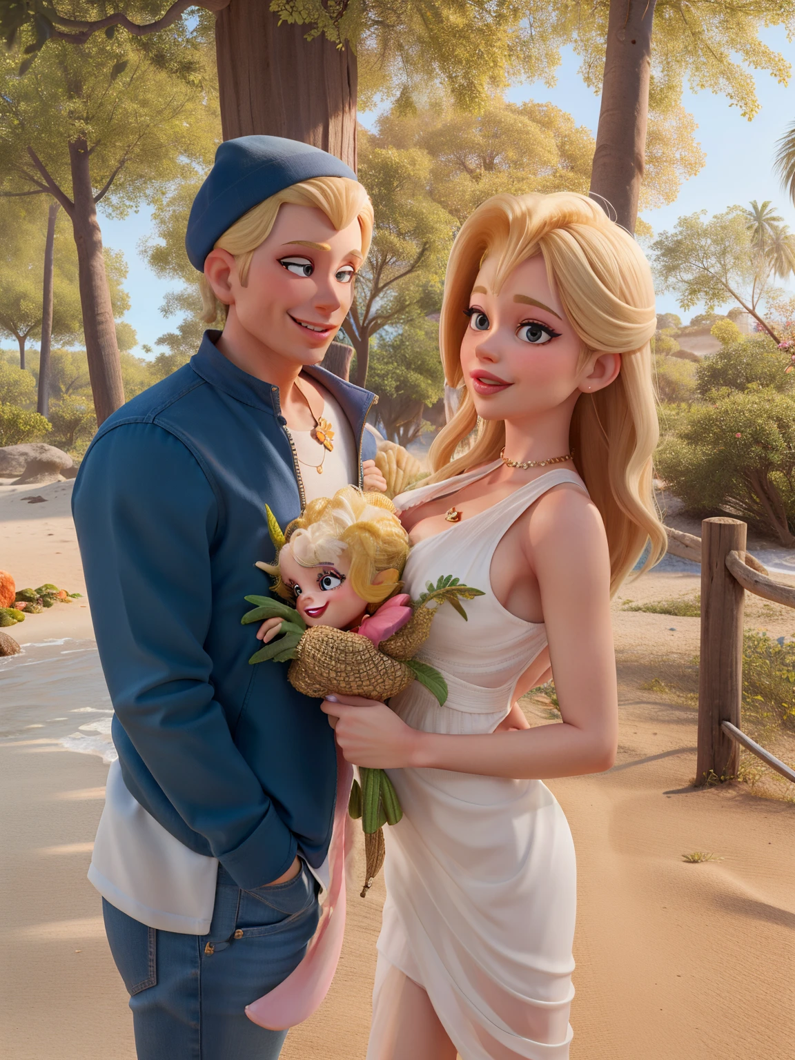 mulher blonde, praia, sbikini, decote, vaidosa, vestido rosa, batom vermelho, large lips, uma personagem alegre no estilo Disney Pixar