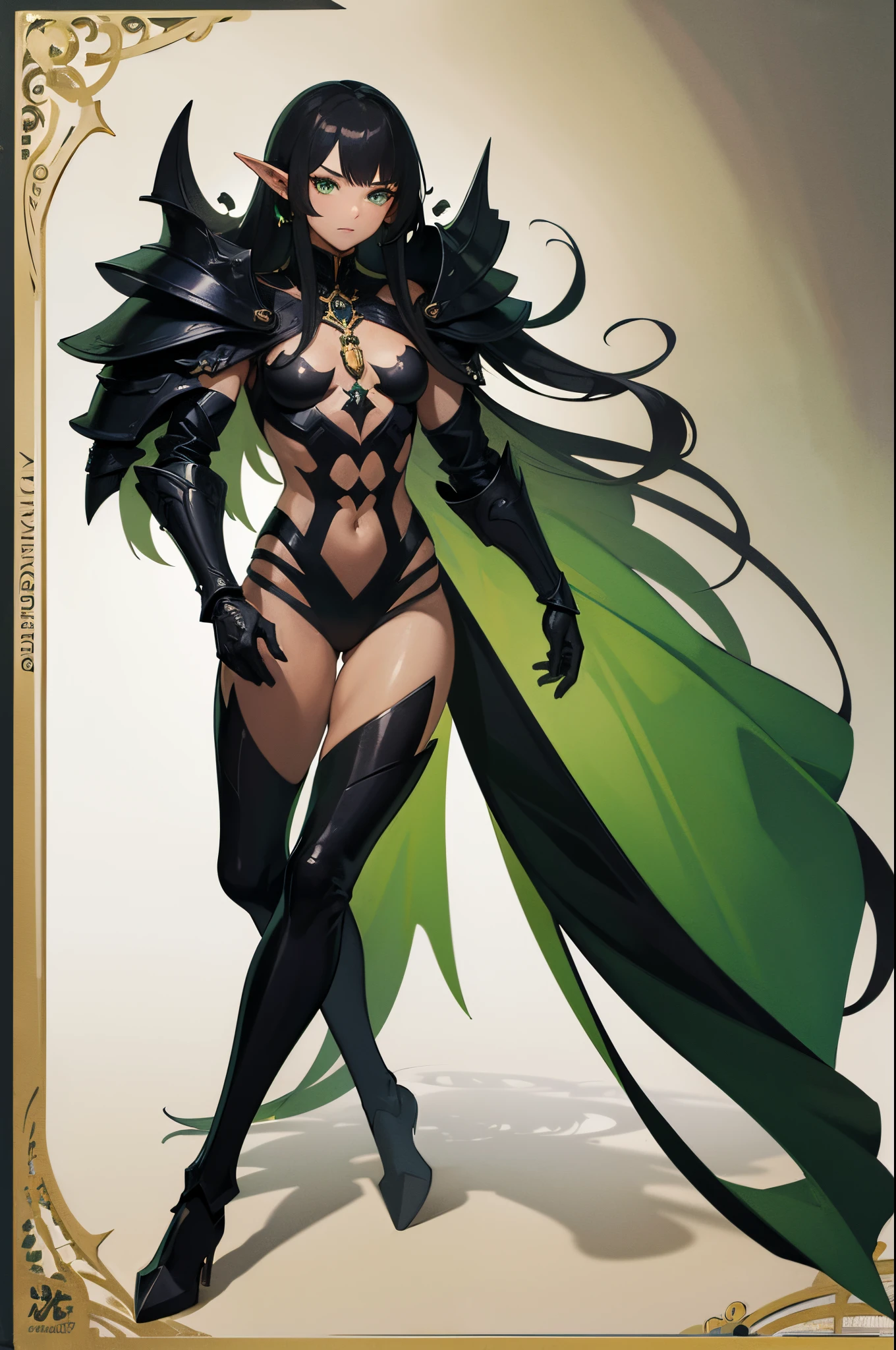 (Masterpiece, Top Quality, Official Art), (full body portrait), black shoulder-length hair, green eyes, elf, androgynous, dark armor, flat chest, defined muscle, abs, nsfw