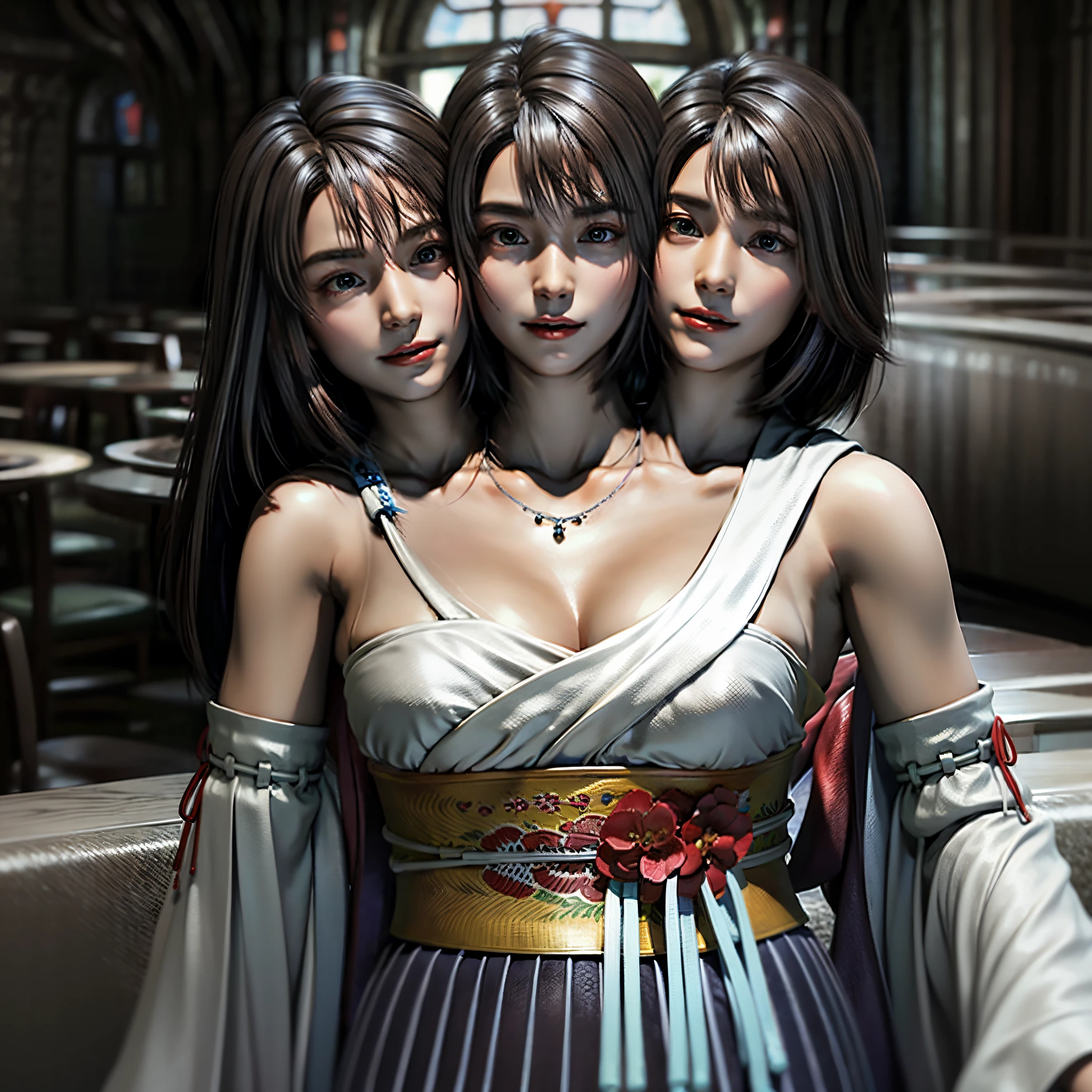 (3heads:1.5), 1girl, solo, jewelry, detached sleeves, necklace, blue-beaded earring, hakama skirt
YunaFFX,
ultra high res, photo, photorealistic, highly detailed, detailed face, solo cute woman, castle balcony,
medium  breasts, (masterpiece, high quality),looking at viewer, gorgeous goddess, bob cut, shiny skin,
charming, alluring, dreamlike, royal cloak, ((thick bangs)),