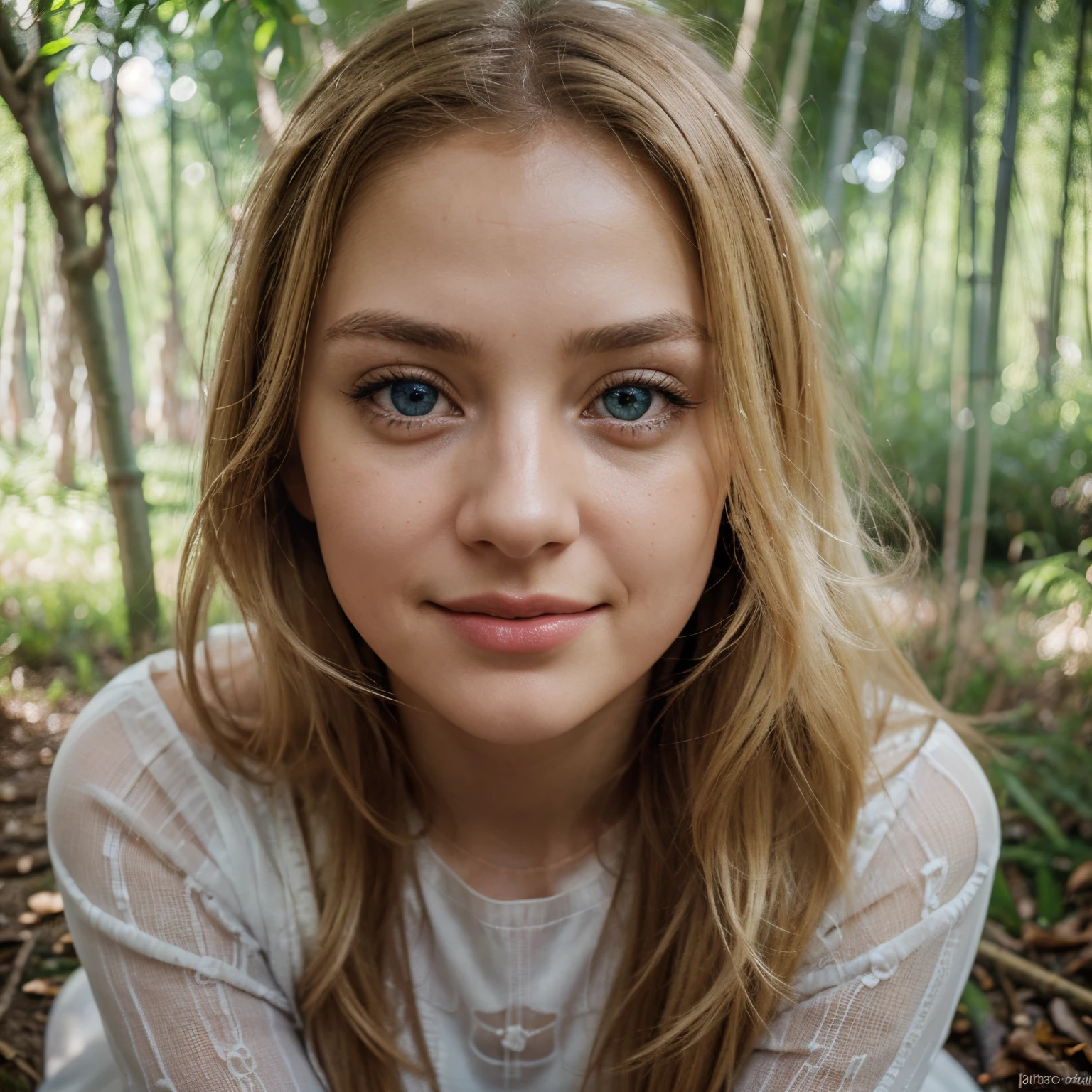 (realistic, photo-realistic:1.4),(8k, RAW photo, best quality, masterpiece:1.2), cute, ultra-detailed,heart-shaped pupils, physically-based rendering, ultra high res, kodakvision color, shot on Arricam LT Camera, bokeh, sharp focus, looking at viewer, photorealistic,realistic, solo, photorealistic, best quality,extremely detailed face,extremely detailed eyes and face, (blond girl,) clear eyes, beautiful detailed eyes,absurdres, incredibly absurdres,(haunting smile),Messy hair, floating hair, round clear big eyes, clear big eyes, moist red lips, sweet, girl, in hijab wearing tight long sleeve tshirt and short skirt with leggings,Sitting on the mossy ground in a bamboo forest, diffuselighting, depth of fields