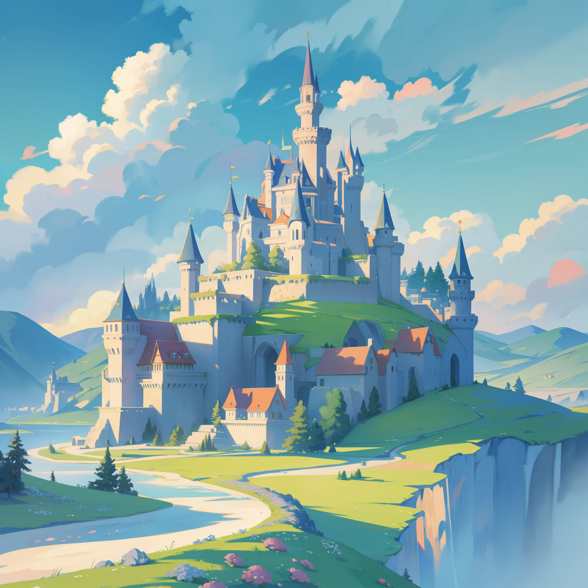 picture book illustration, watercolor storybook illustration, princess castle, fairytale castle, fairytale towers, clouds, vibrant pastel colors, dream, colorful, whimsical, magical, masterpiece, best quality, sharp focus, intricately detailed environment, fine detail, 8k resolution
