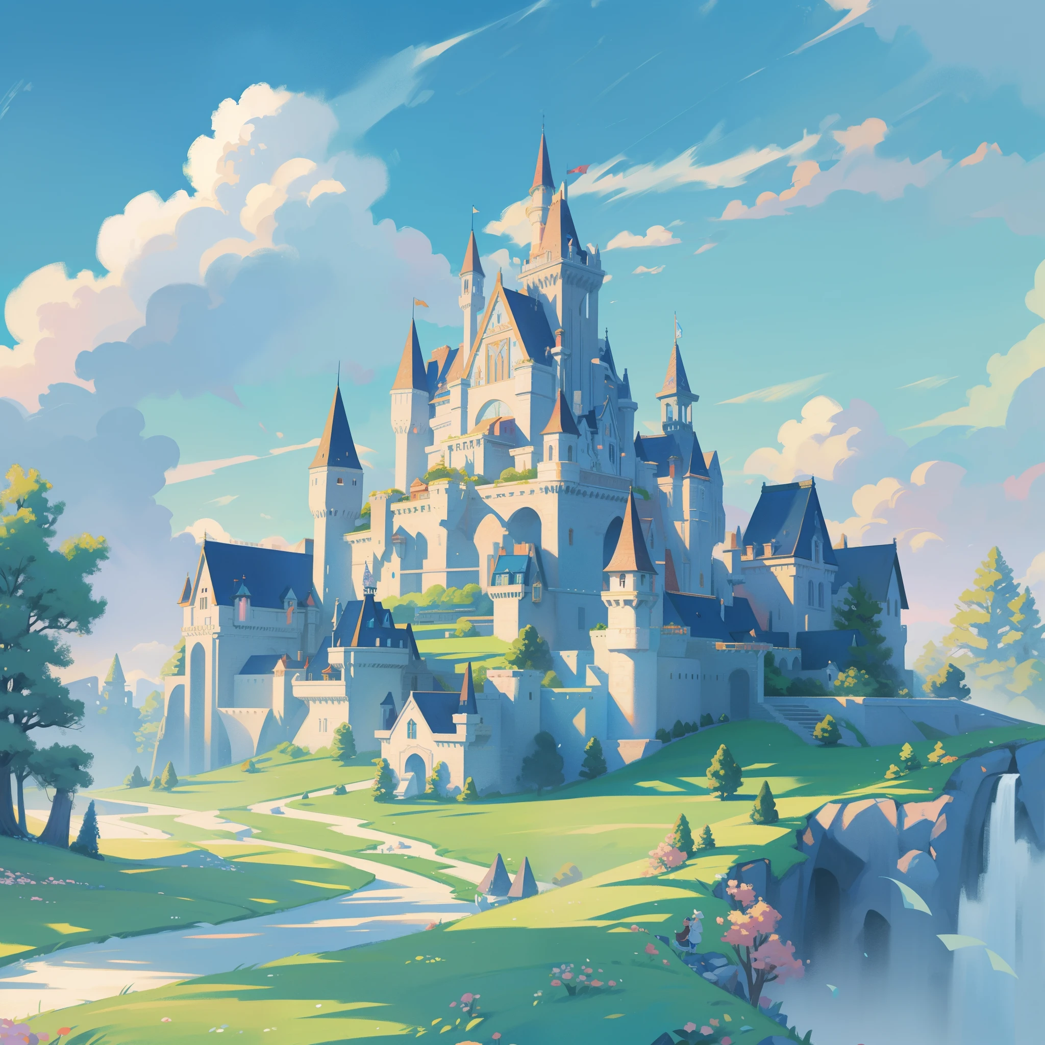 picture book illustration, watercolor storybook illustration, princess castle, fairytale castle, fairytale towers, clouds, vibrant pastel colors, dream, colorful, whimsical, magical, masterpiece, best quality, sharp focus, intricately detailed environment, fine detail, 8k resolution