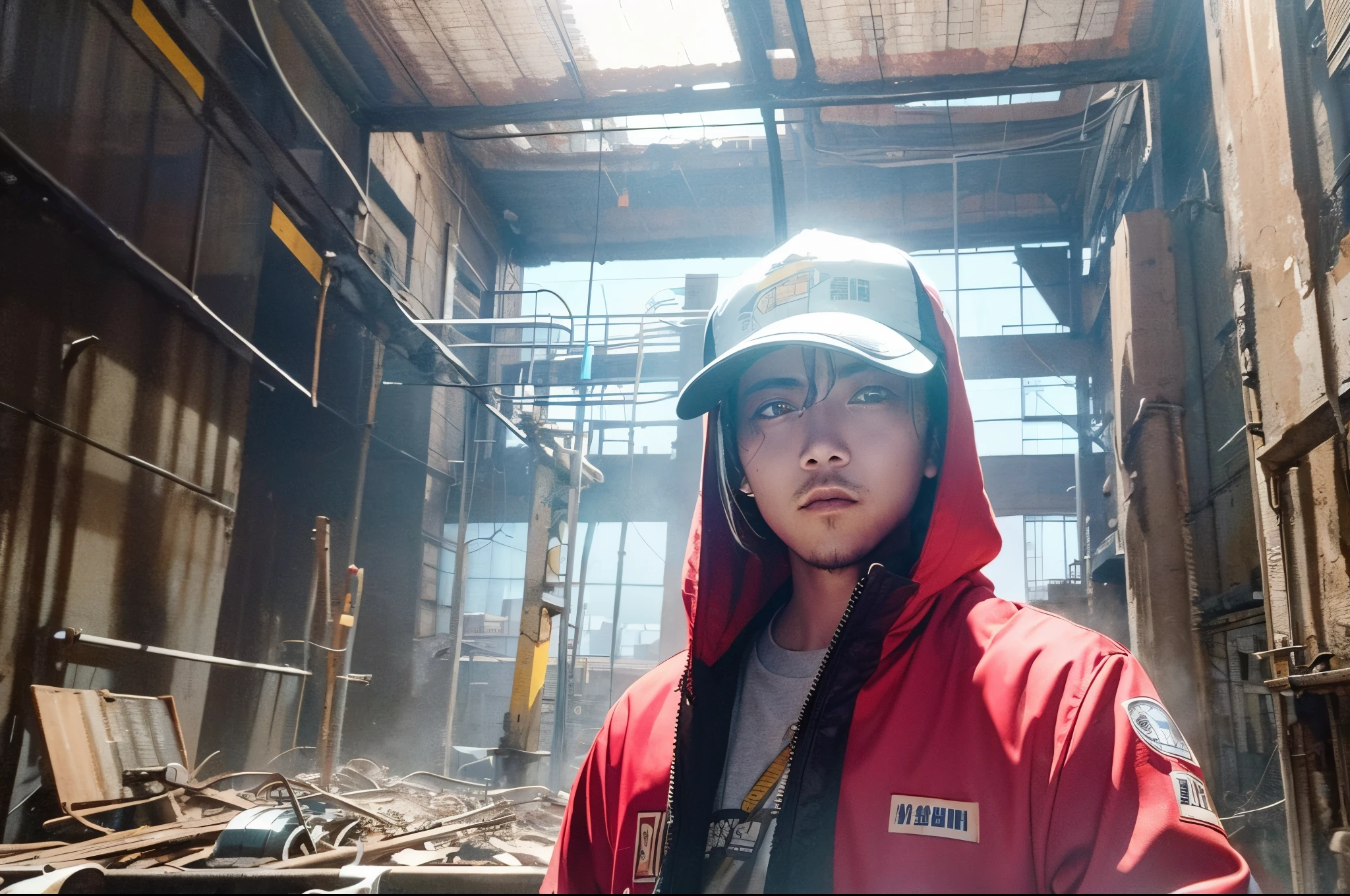 of a man，upperbody closeup，wearing work clothes、Hip-hop costumes，Abandoned factory building in the background