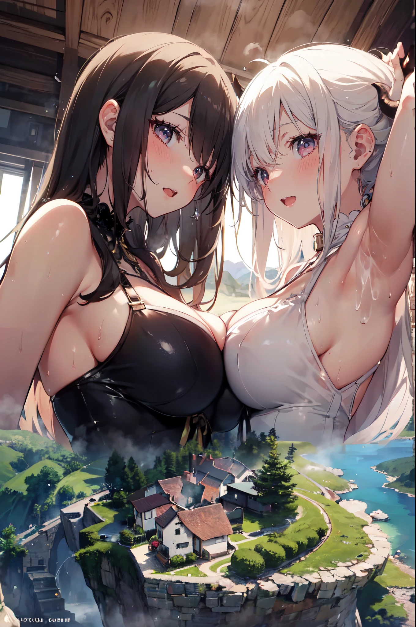 (2girls:1.3), (yuri:1.3), they embrace each other, (height_difference:1.2), cliffs, hills, rivers, mountains
(village from above: 1.2),
huge (breasts), (tall:1.1), (giantess:1.2), happy, blushing, Demon girl, long tongue, (a tiny village from above: 1.2), blushing,>:D, happy. :o, shiny skin, sweaty, sweat, (steamy:1.5), (steam:1.4), (misty:1.2), horns, demon girl, armpit,