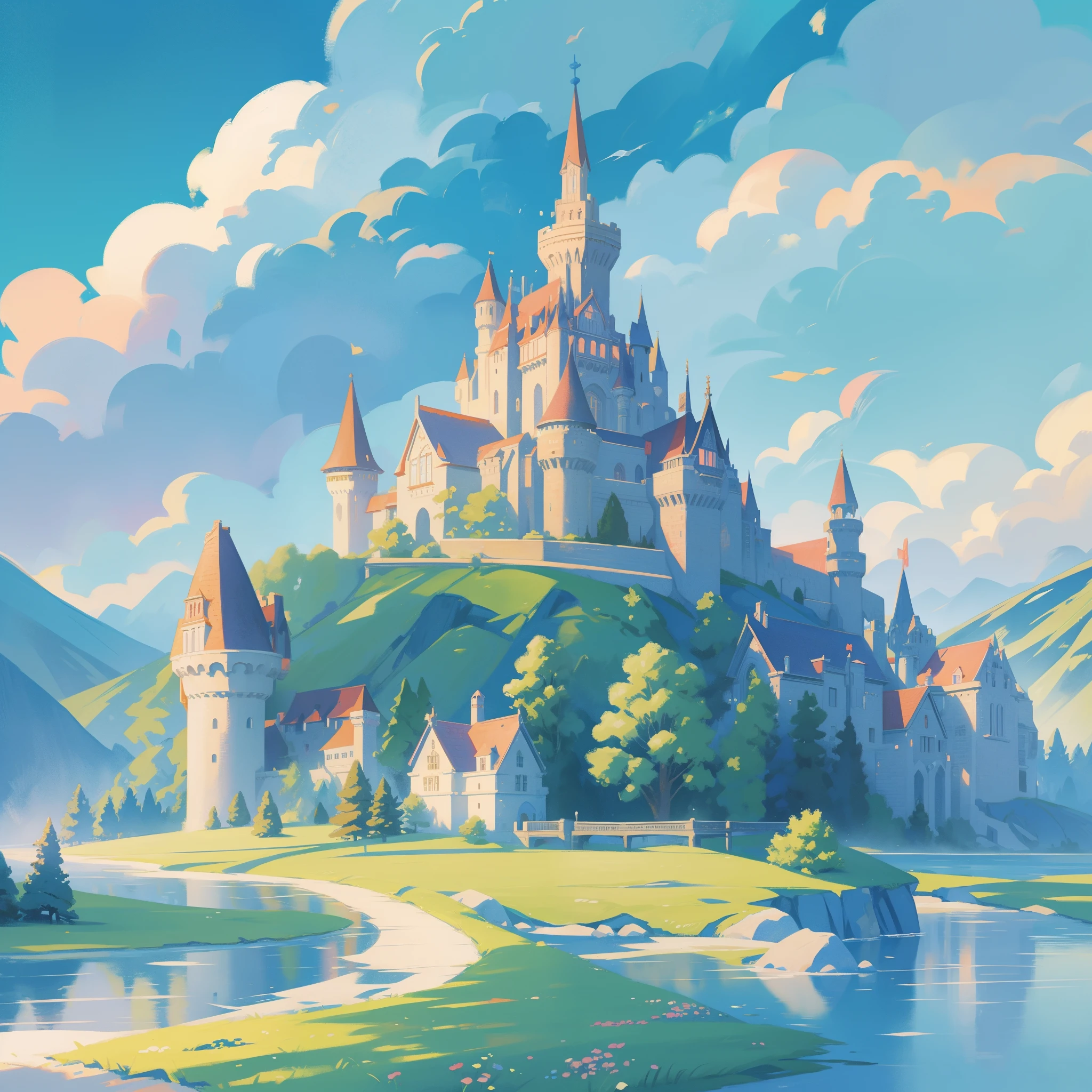 picture book illustration, watercolor storybook illustration, princess castle, fairytale castle, fairytale towers, clouds, vibrant pastel colors, dream, colorful, whimsical, magical, masterpiece, best quality, sharp focus, intricately detailed environment, fine detail, 8k resolution