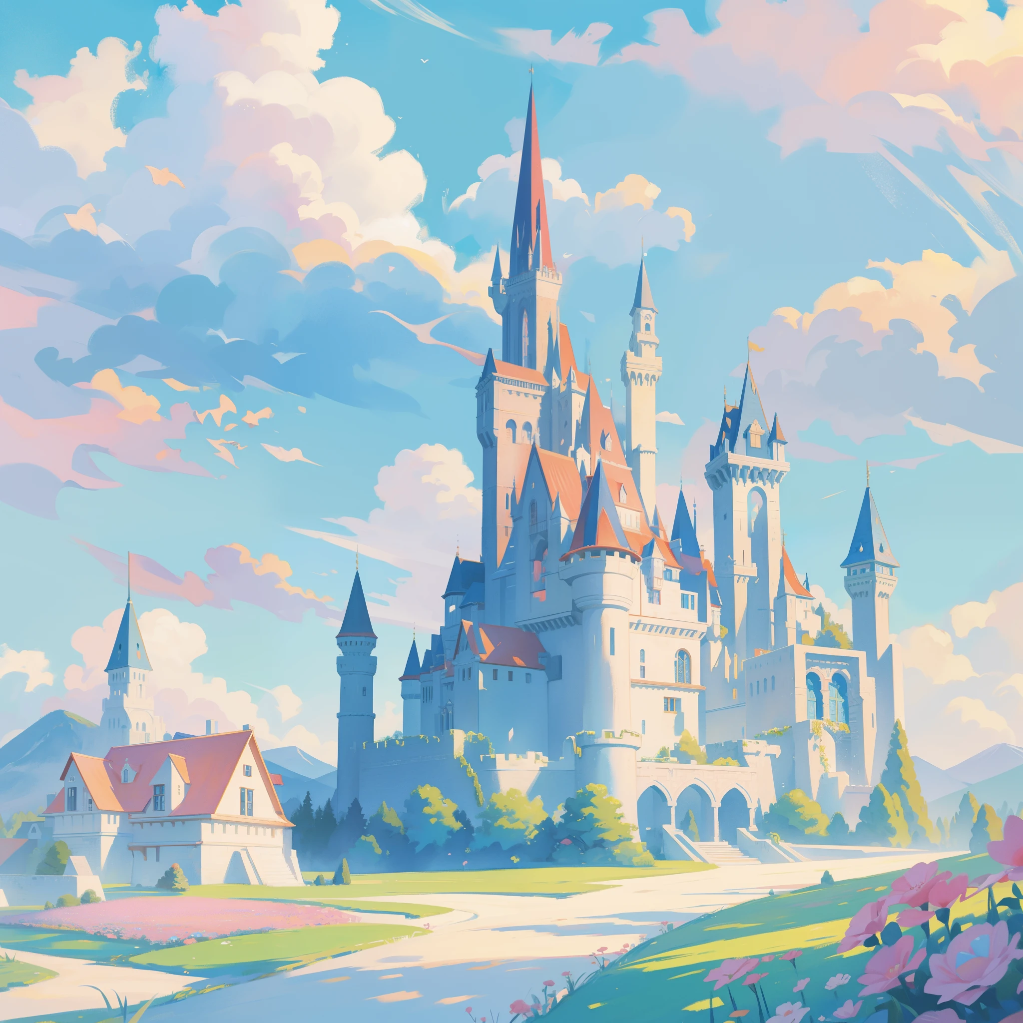 picture book illustration, watercolor storybook illustration, princess castle, fairytale castle, fairytale towers, clouds, vibrant pastel colors, dream, colorful, whimsical, magical, masterpiece, best quality, sharp focus, intricately detailed environment, fine detail, 8k resolution