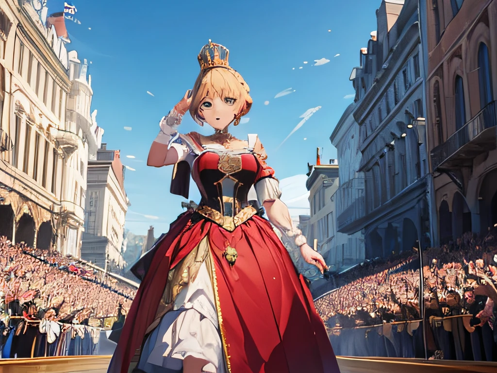 Queen of the castle talking to a crowd at her coronation