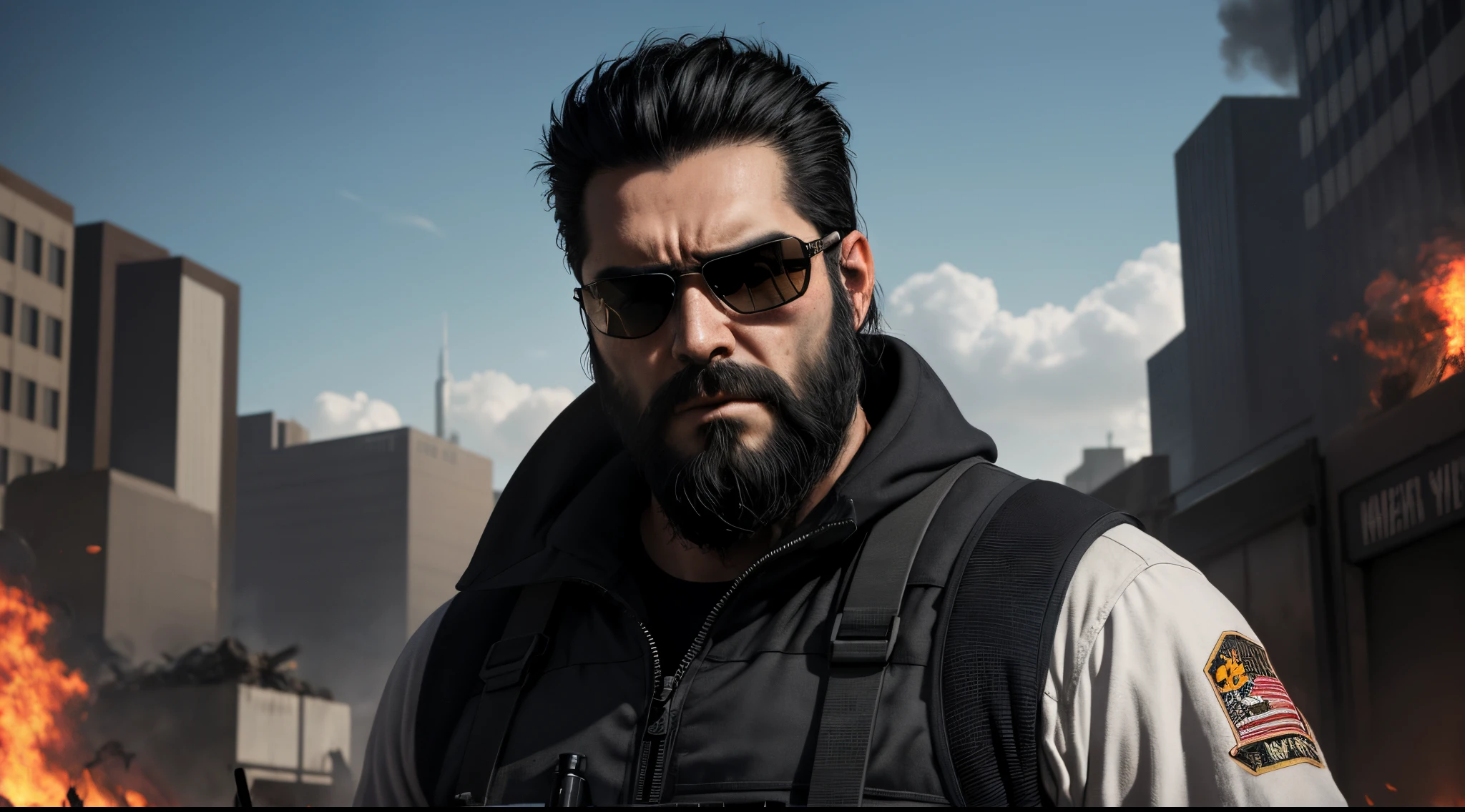 The man, 32 years old and standing at 1.87 tall, exudes a sense of power and control as he surveys the scene of destruction before him. His short black hair and serrated black beard give him a rugged appearance, while his sunglasses hide the anger and hatred burning in his eyes. In his hands, he holds an AWP gun, a symbol of his dominance