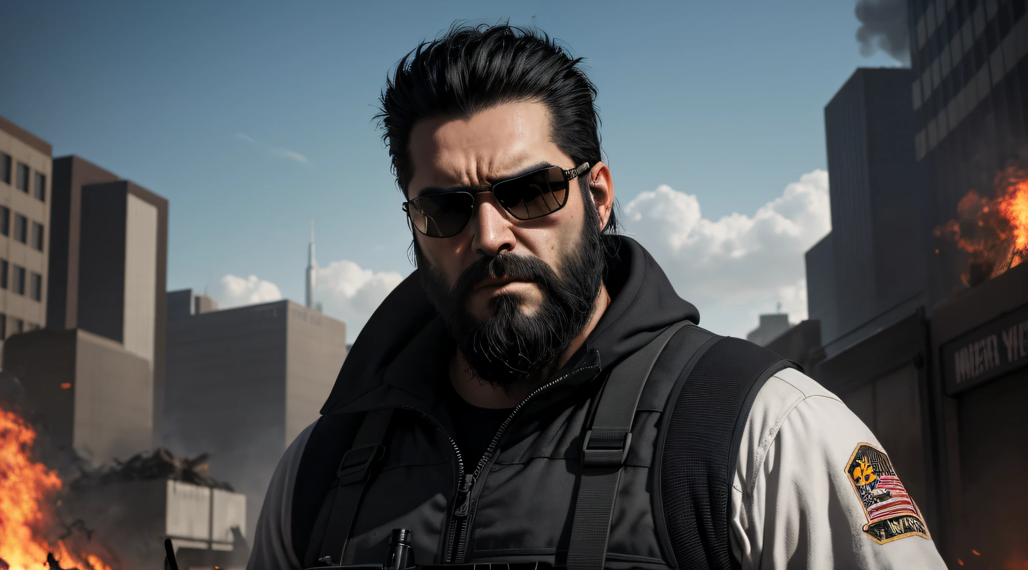 The man, 32 years old and standing at 1.87 tall, exudes a sense of power and control as he surveys the scene of destruction before him. His short black hair and serrated black beard give him a rugged appearance, while his sunglasses hide the anger and hatred burning in his eyes. In his hands, he holds an AWP gun, a symbol of his dominance
