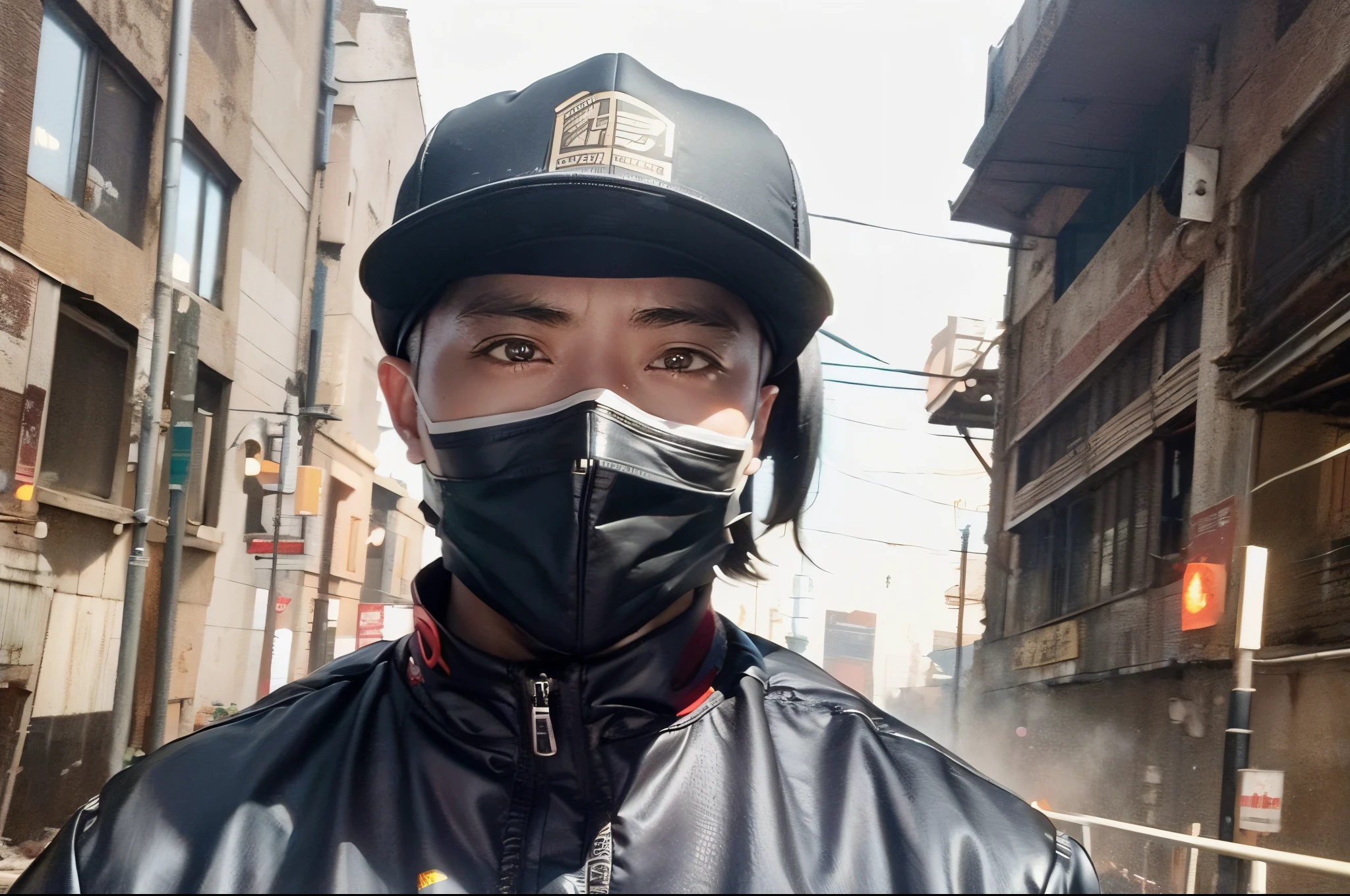 of a man，upperbody closeup，wearing work clothes、Hip-hop costumes，Black mask，Abandoned factory building in the background