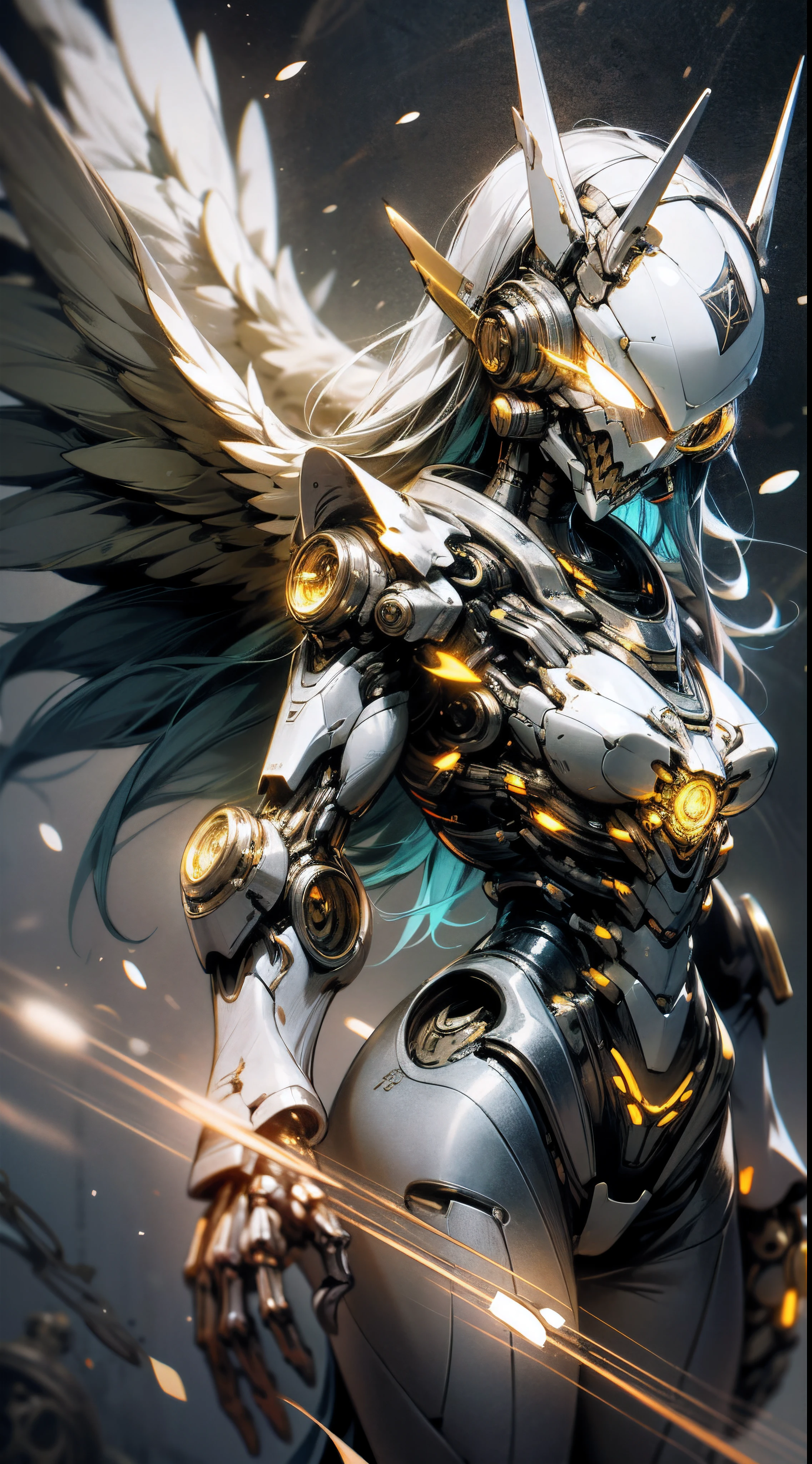 Cosmic Fallen Angel, glowing light eyes, Biomechanical, eerie, Creepy, nightmarish, Very bright colors, Light particles, with light glowing, Mshiff, wallpaper art, UHD wallpaper --auto --s2