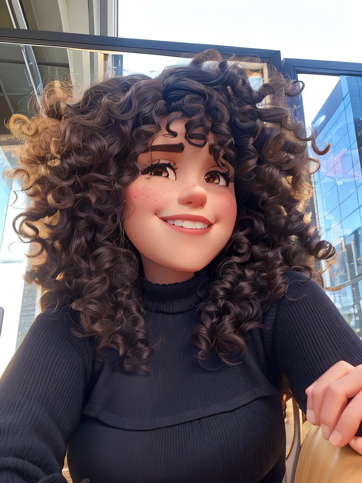 A pixar disney character styled woman with curly hair sitting at a table, curly bangs, curly haired, dark short curly hair smiling, black curly hair, her face framed with curls, curly hair, long wild black curly hair, curly black hair, messy curly hair, (dark shorter curly hair), curly dark hair, curly and short top hair, wavy hair spread out, she has a smirk with partial side eye and a seductive look she has an oval face shape with a tan she is a disney character with a cartoonish outfit and background
