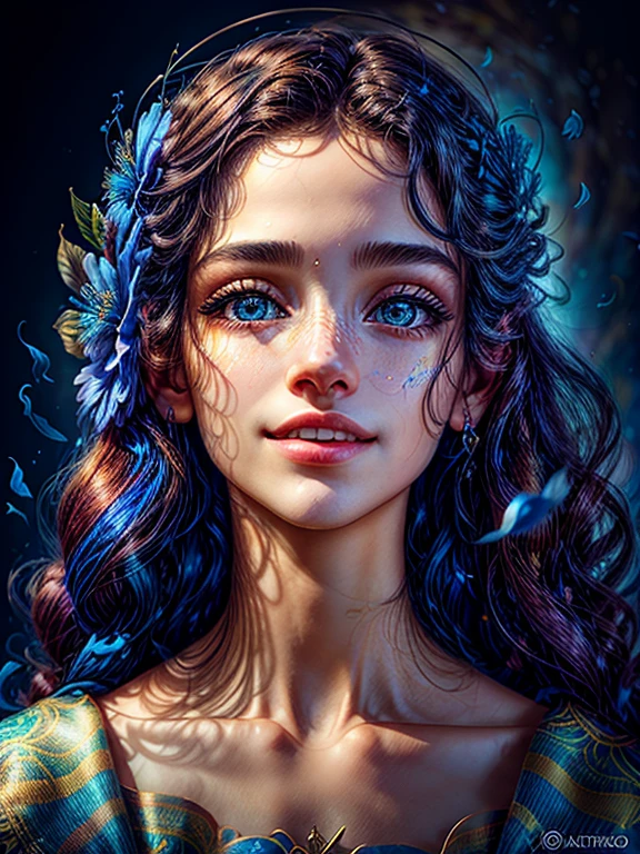 Studio portrait, fundo floral e misterioso, uma mulher Elfa princesa com estilo celta, (((cor do cabeloo iridescente))),(Colouring),(olhos bonitos finamente detalhados e rosto detalhado, flowers in head,Cinematic lighting,extremamente detalhado CG unidade 8k papel de parede,((flying petal)),(Prado florido), (((vestido azul detalhado))), , estilo cool, alto fundo detalhado , gorgeous, elegante, colar de ouro simples, dynamic pose, Realistic, detailed face expression, belo rosto hipnotizante, Feliz, Sorriso aberto, (Olhos azuis Brilhantes:1.14), pele da vida real, 8k, detalhes intrincados, professional lighting, tiro de corpo inteiro, dynamic angle shot