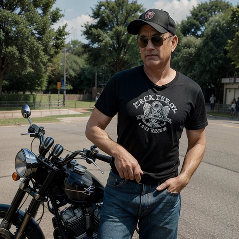Tom Hanks as rocker biker on the road in black baseball cap and jeans