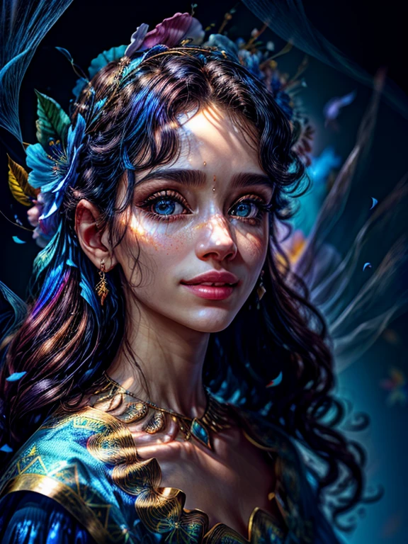 Studio portrait, fundo floral e misterioso, uma mulher Elfa princesa com estilo celta, (((cor do cabeloo iridescente))),(Colouring),(olhos bonitos finamente detalhados e rosto detalhado, flowers in head,Cinematic lighting,extremamente detalhado CG unidade 8k papel de parede,((flying petal)),(Prado florido), (((vestido azul detalhado))), , estilo cool, alto fundo detalhado , gorgeous, elegante, colar de ouro simples, dynamic pose, Realistic, detailed face expression, belo rosto hipnotizante, Feliz, Sorriso aberto, (Olhos azuis Brilhantes:1.14), pele da vida real, 8k, detalhes intrincados, professional lighting, tiro de corpo inteiro, dynamic angle shot