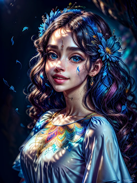 Studio portrait, fundo floral e misterioso, uma mulher Elfa princesa com estilo celta, (((cor do cabeloo iridescente))),(Colouring),(olhos bonitos finamente detalhados e rosto detalhado, flowers in head,Cinematic lighting,extremamente detalhado CG unidade 8k papel de parede,((flying petal)),(Prado florido), (((vestido azul detalhado))), , estilo cool, alto fundo detalhado , gorgeous, elegante, colar de ouro simples, dynamic pose, Realistic, detailed face expression, belo rosto hipnotizante, Feliz, Sorriso aberto, (Olhos azuis Brilhantes:1.14), pele da vida real, 8k, detalhes intrincados, professional lighting, tiro de corpo inteiro, dynamic angle shot