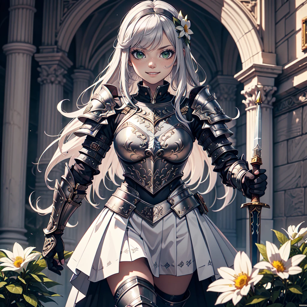Ultra High Definition,
Ultra High Quality,
Hyper Definition,
Hyper Quality,
Hyper Detailed,
Extremely Detailed,
Perfectly Detailed,
8k,
1 girl,
Long Silver Hair,
Full Body Armor, Skirt
Solid Green Eyes, Holding Sword
Cheerful Expression, White Flower Barrette
Armored With Full Plate Armor,
Mansion Background,