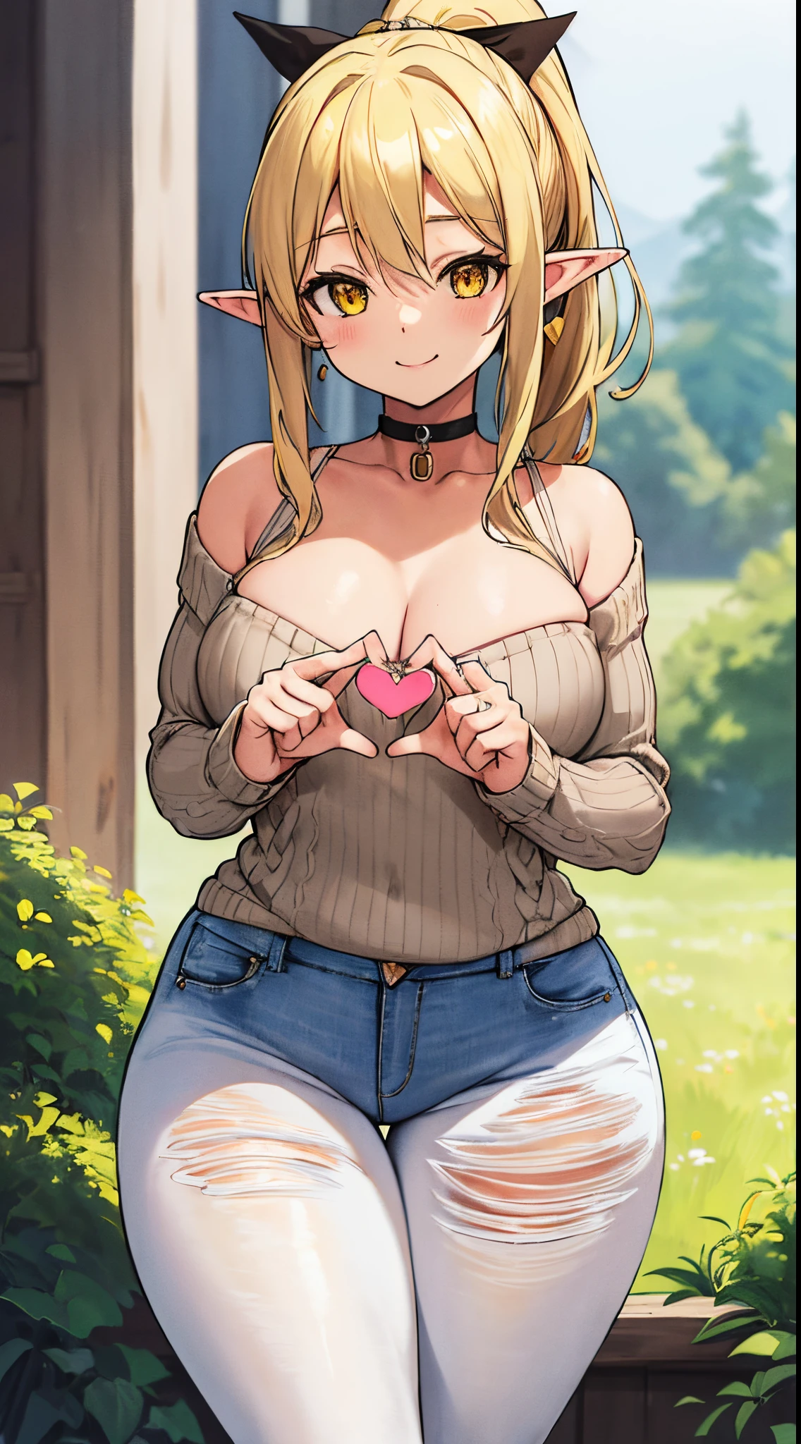 masterpiece, best quality, highres, ((Slim thicc waifu:1.3)), large breasts, elf, yellow eyes, blonde hair in short high ponytail, (black choker), (White sweater), jewelry, (ripped skinny jeans), long sleeves, cowboy shot, standing, field, smile, hands on face, hearts