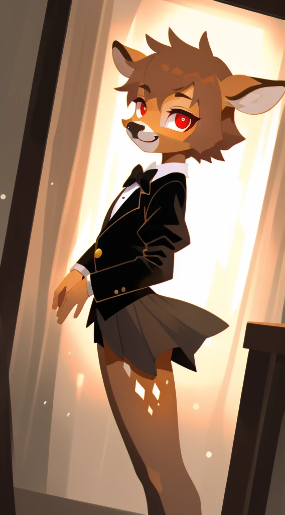 Best Quality, super detailed illustration,(deer guy:1.2) , The body is like a girl's, Short Hair Hair, Dressed as a butler, scarlet eyes, gloomy atmosphere, very detail, The legs are extremely detailed, The hands are very detailed, The face is extremely detailed, The eyes are perfectly detailed, The anatomy is very detailed))): 1.2, 独奏, sexy body, Skin, perspective, front angle, Looking at the viewer with a friendly look and smile, the perfect body, Attractive,