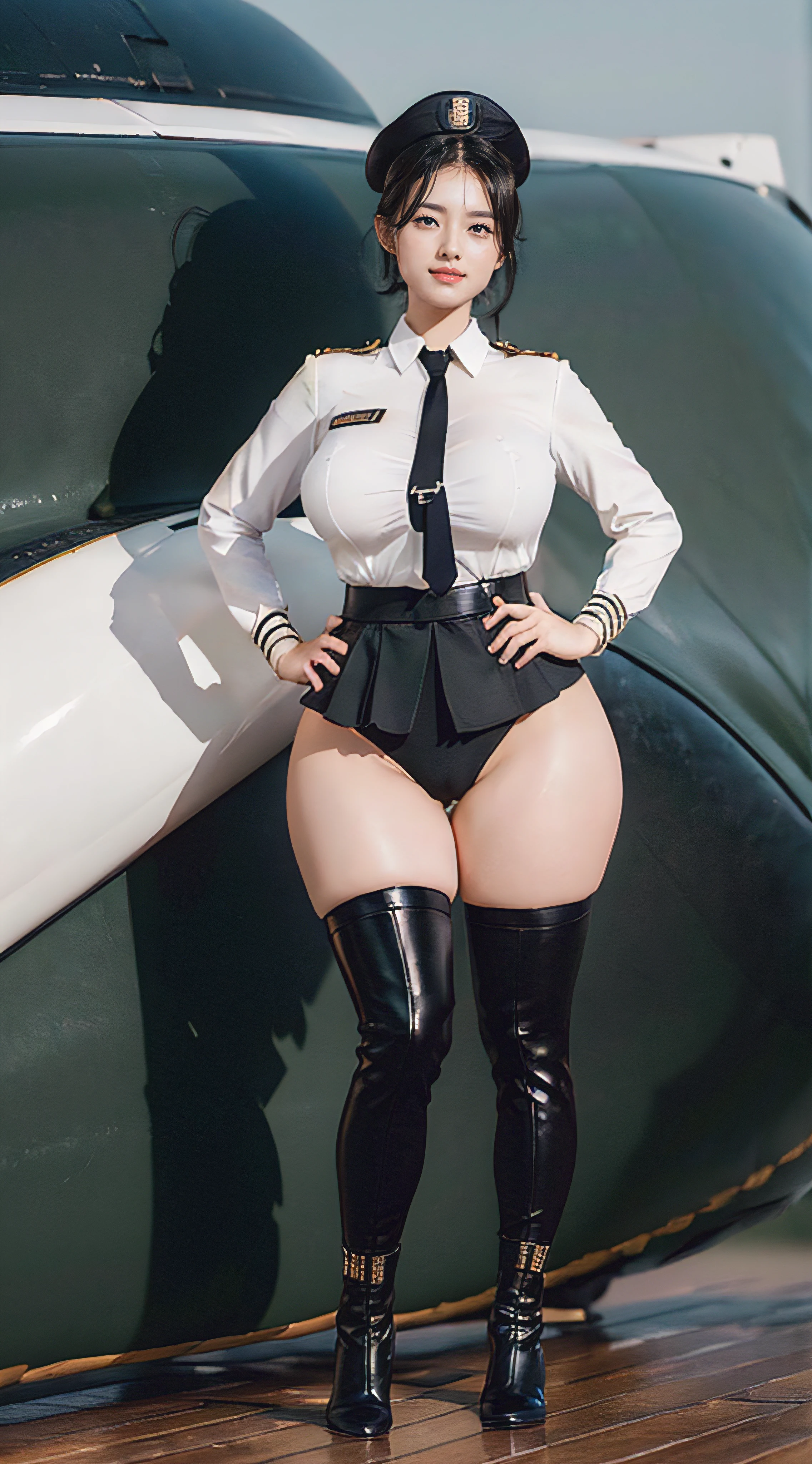 Usually detailed CG Unity 8K wallpaper，（tmasterpiece），（Best quality），（ultra - detailed），（ultra real photo），（best character detail：1.36），Nikon D750F / 1.4 55mm，RAW photogr，profesional lighting， physically-based renderingt, 1 plump girl, girl soldier，(black military uniform，(black military uniform)，Fabric texture military uniform，Business suit)，(Wear a plain white shirt under the jacket，The fabric of the white shirt soaked with sweat clings to the chest，The buttons of the white shirt on the chest are fastened)，(red necktie)，((Black panties,))，Bareleged，Plump legs，black hair color hair，(military hat，Large wavy curls，Do not tie your hair，Short hair details)，the golden ratio,[:(Have a delicate face:1.2):0.2]:，pure love face_v1，thick bushy eyebrows，Wide shoulders,(gigantic breast:1.35),(gigantic ass:1.35),(Plump thighs:1.45),(Wide crotch:1.55),(I look up from below:1.55)，((both hands on hip):1.4)，Close-up Shot Shot，((smiling with narrow eyes，Smile full of confidence，Have by the sea):1.35)，(((Close-up of panties)，facial closeups))，(Sunset sky，gentlesunlight，sunshine on face，(light shining on face)，blue-sky，Sunny smile，light glow)，white teeth，(looking at me)，(((thicc, big booty, curvy accentuated booty, thick thigs, wide hips, insanely inflated hips,🐎🍑) )，azur lane style)，high-heels，
