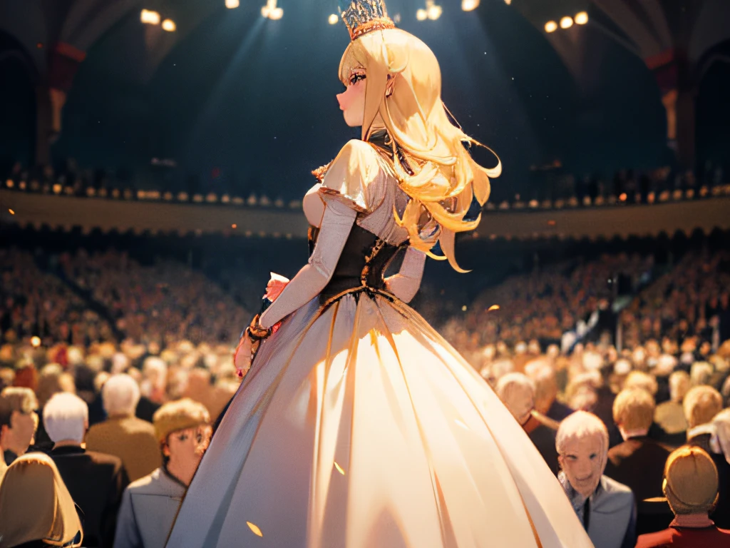 Blonde queen of the castle standing with her back turned talking to a crowd