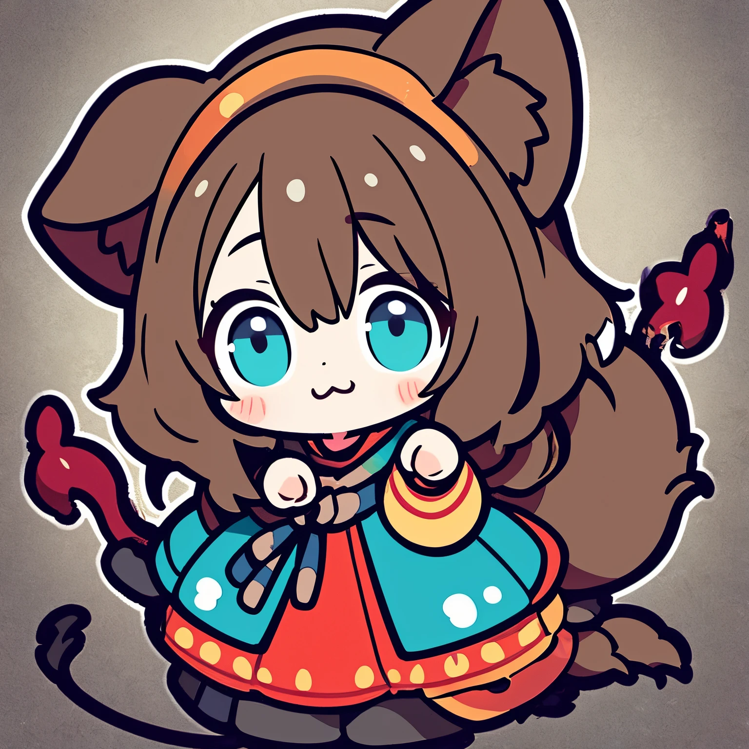 Chibi Character,1girl in,drooping dog ears、Dog tail、Solo,dog girl、Brown hair、blue eyess、tall,26-year-old girl,Thick contour lines,Anime style,Little Red Riding Hood's clothes、paw pose