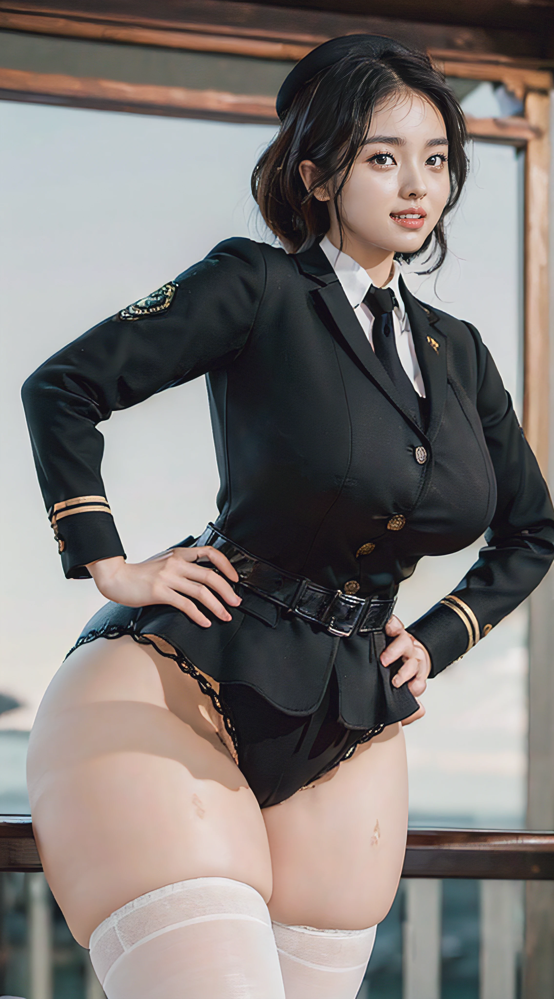 Usually detailed CG Unity 8K wallpaper，（tmasterpiece），（Best quality），（ultra - detailed），（ultra real photo），（best character detail：1.36），Nikon D750F / 1.4 55mm，RAW photogr，profesional lighting， physically-based renderingt, 1 plump girl, girl soldier，(black military uniform，(black military uniform)，Fabric texture military uniform，Business suit)，(Wear a plain white shirt under the jacket，The fabric of the white shirt soaked with sweat clings to the chest，The buttons of the white shirt on the chest are fastened)，(red necktie)，((Black panties,))，Bareleged，Plump legs，black hair color hair，(military hat，Large wavy curls，Do not tie your hair，Short hair details)，the golden ratio,[:(Have a delicate face:1.2):0.2]:，pure love face_v1，thick bushy eyebrows，Wide shoulders,(gigantic breast:1.35),(gigantic ass:1.35),(Plump thighs:1.45),(Wide crotch:1.55),(I look up from below:1.55)，((both hands on hip):1.4)，Close-up Shot Shot，((smiling with narrow eyes，Smile full of confidence，Have by the sea):1.35)，(((Close-up of panties)，facial closeups))，(Sunset sky，gentlesunlight，sunshine on face，(light shining on face)，blue-sky，Sunny smile，light glow)，white teeth，(looking at me)，(((thicc, big booty, curvy accentuated booty, thick thigs, wide hips, insanely inflated hips,🐎🍑) )，azur lane style)，high-heels，