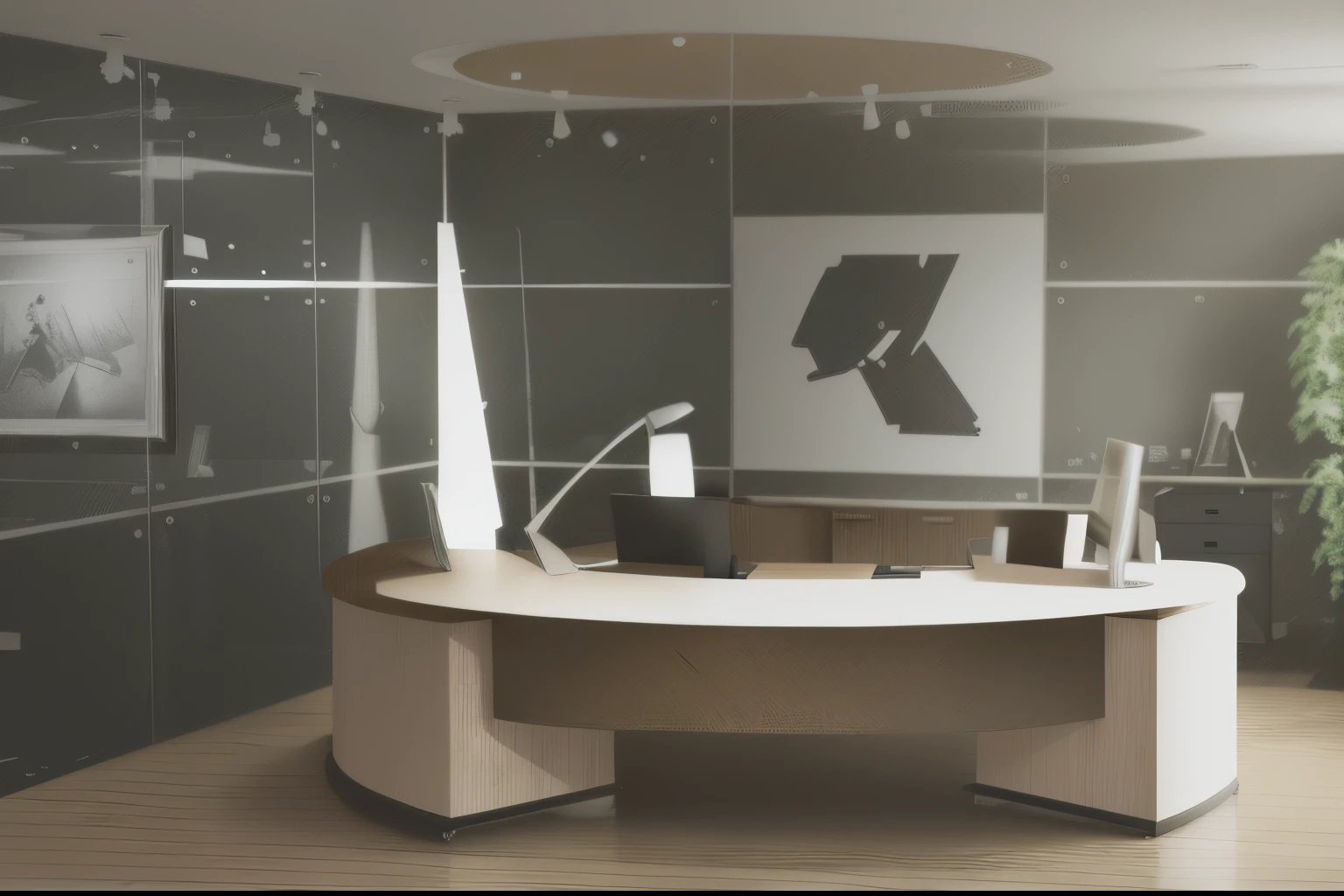 there is a desk with a lamp and a picture on it, lacquered oak reception desk, big desk, office interior, office furniture, modern office, set inside of office, modern gallery furniture, desks, eliran kantor, offices, office room interior, wide portrait, catalog photo, set photograph, close portrait, set design, set inside of the bank