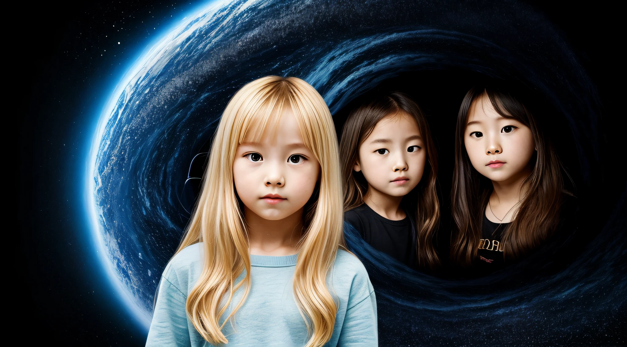 BLACK HOLE, there are two CHILDREN girls BLONDE HAIR in front