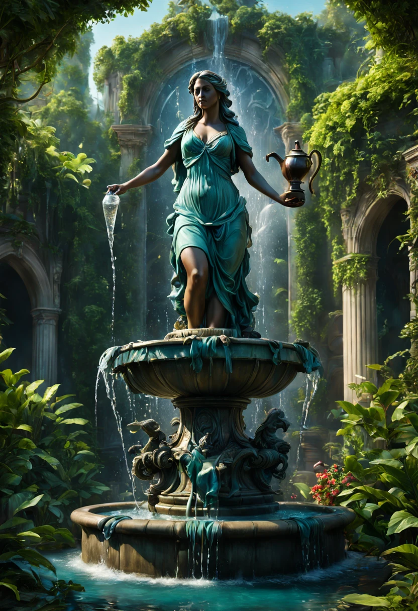 A majestic water fountain surrounded by lush greenery,extra water , with a stunning statue of a graceful lady pouring water from a jug. detailed matte painting, deep color, fantastical, intricate detail, splash screen, complementary colors, fantasy concept art, 8k resolution trending on Artstation Unreal Engine 5 graffiti art, splash art, street art, spray paint, oil gouache melting, acrylic, high contrast, colorful polychromatic, ultra detailed, ultra quality, CGSociety
