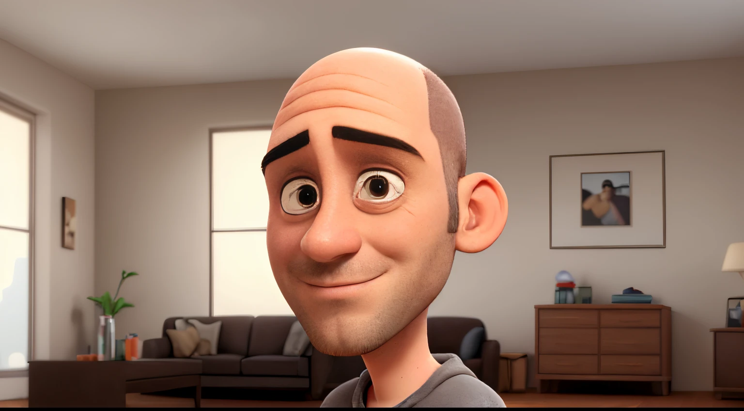 a man, 38 years old, short, short hair, receding, bald, no beard, brown eyes. environment; your home in the sitting room