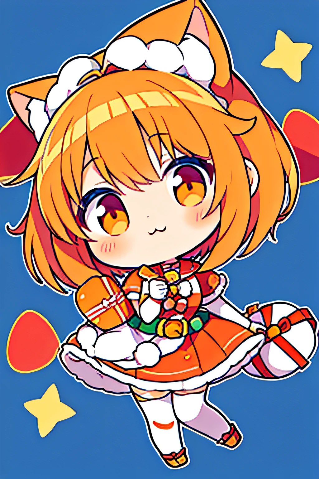 cute anime girl, (cute anime girl dressed as Santa Clous), (cute anime girl with short hair), (cute anime girl with short orange hair), (cute anime girl with blue eyes), (cute anime girl with body full),(cute anime girl with cat ears),(cute anime girl dressed in red and white clothes),(cute anime girl dressed as santa clous in red and white),(cute anime girl with sack of gifts)