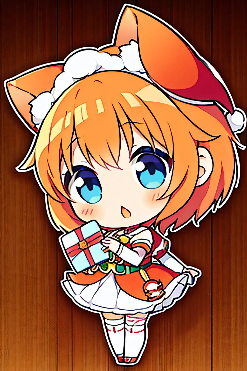 cute anime girl, (cute anime girl dressed as Santa Clous), (cute anime girl with short hair), (cute anime girl with short orange hair), (cute anime girl with blue eyes), (cute anime girl with body full),(cute anime girl with cat ears),(cute anime girl dressed in red and white clothes),(cute anime girl dressed as santa clous in red and white),(cute anime girl with sack of gifts)