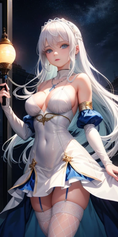 girl, White hair、Blue eyes、Illuminated by moonlight in a prison、Sadly、hightquality、Detailed details、Masterpiece、8K、a beauty girl、Dressed in a white dress、fishnet tights、耳环、a necklace