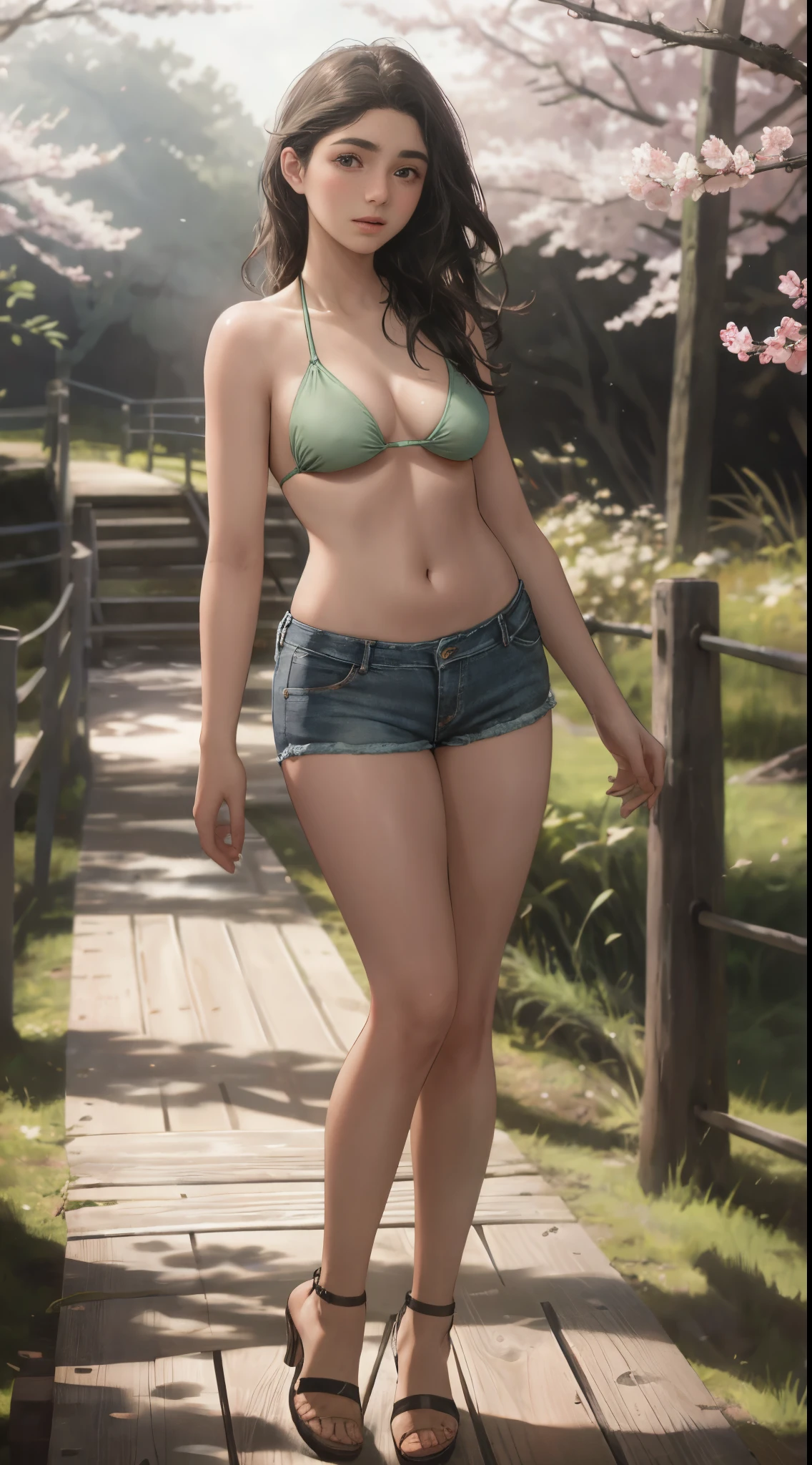 -teen, Finnish, de, long hair, small breasts, big eyes, long legs, close-up on thighs, tiny green bikini, cleavage breasts, blue denim shorts, heeled sandals, park background, crossing a bridge wood in lake, trees, cherry blossom, sunrise, light through fabric, (realistic, photorealistic: 1.37), specular light, ray tracing, HDR