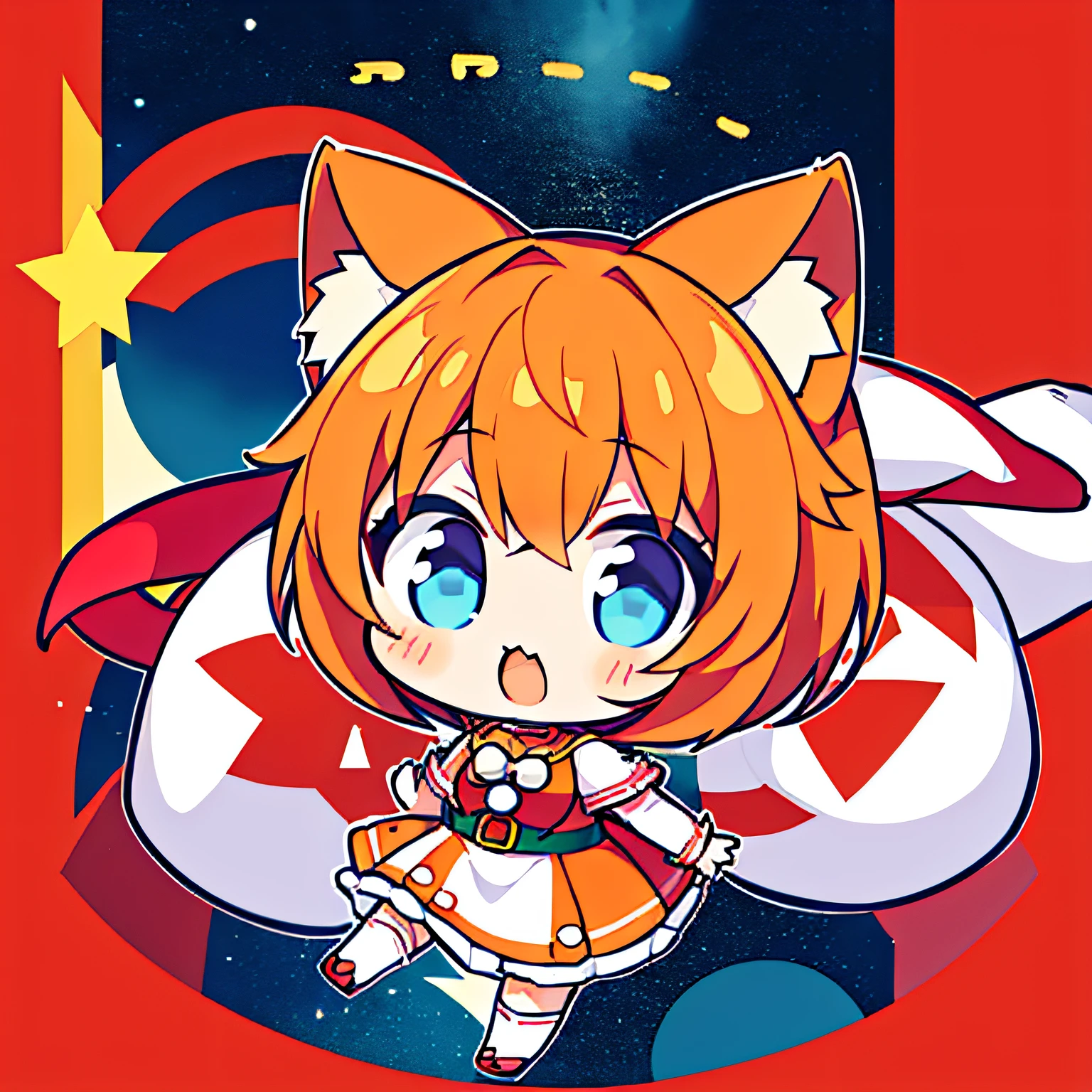 cute anime girl, (cute anime girl dressed as Santa Clous), (cute anime girl with short hair), (cute anime girl with short orange hair), (cute anime girl with blue eyes), (cute anime girl with body full),(cute anime girl with cat ears),(cute anime girl dressed in red and white clothes),(cute anime girl dressed as santa clous in red and white),(cute anime girl with sack of gifts)