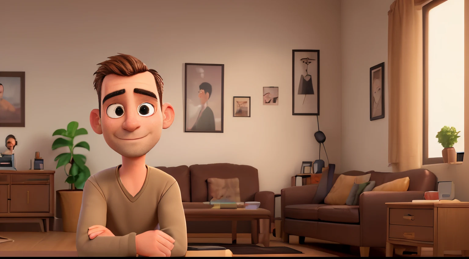 a man, 30 years old, short, short hair, receding, bald, no beard, brown eyes. environment; your home in the sitting room