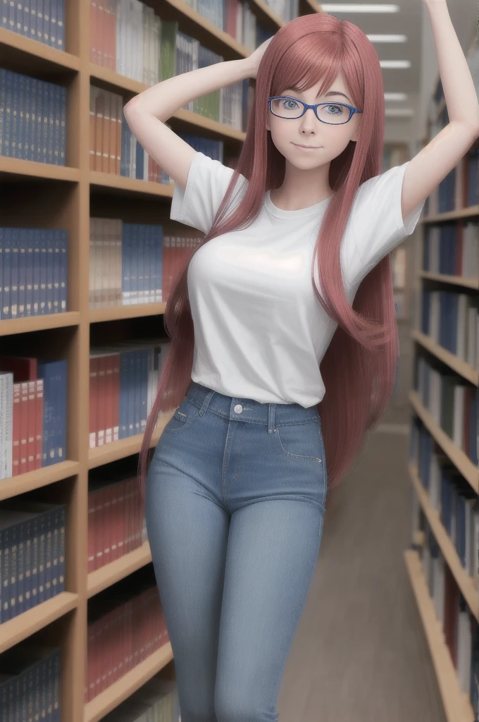 18 year old nerdy American girl, Alyson Hannigan, (long legs:0.9), (tall:0.9), thin, slim, glasses, very long wavy hair, extremely long wavy hair, library, bookshelves, plain t-shirt, long white t-shirt, denim jeans, clothed, (colossal breasts:1.05), (massive enormous gigantic breasts:1.05), 8k uhd, angled view, head in view, arms down