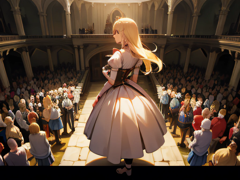 Blonde queen of the castle standing with her back turned talking to a crowd of people