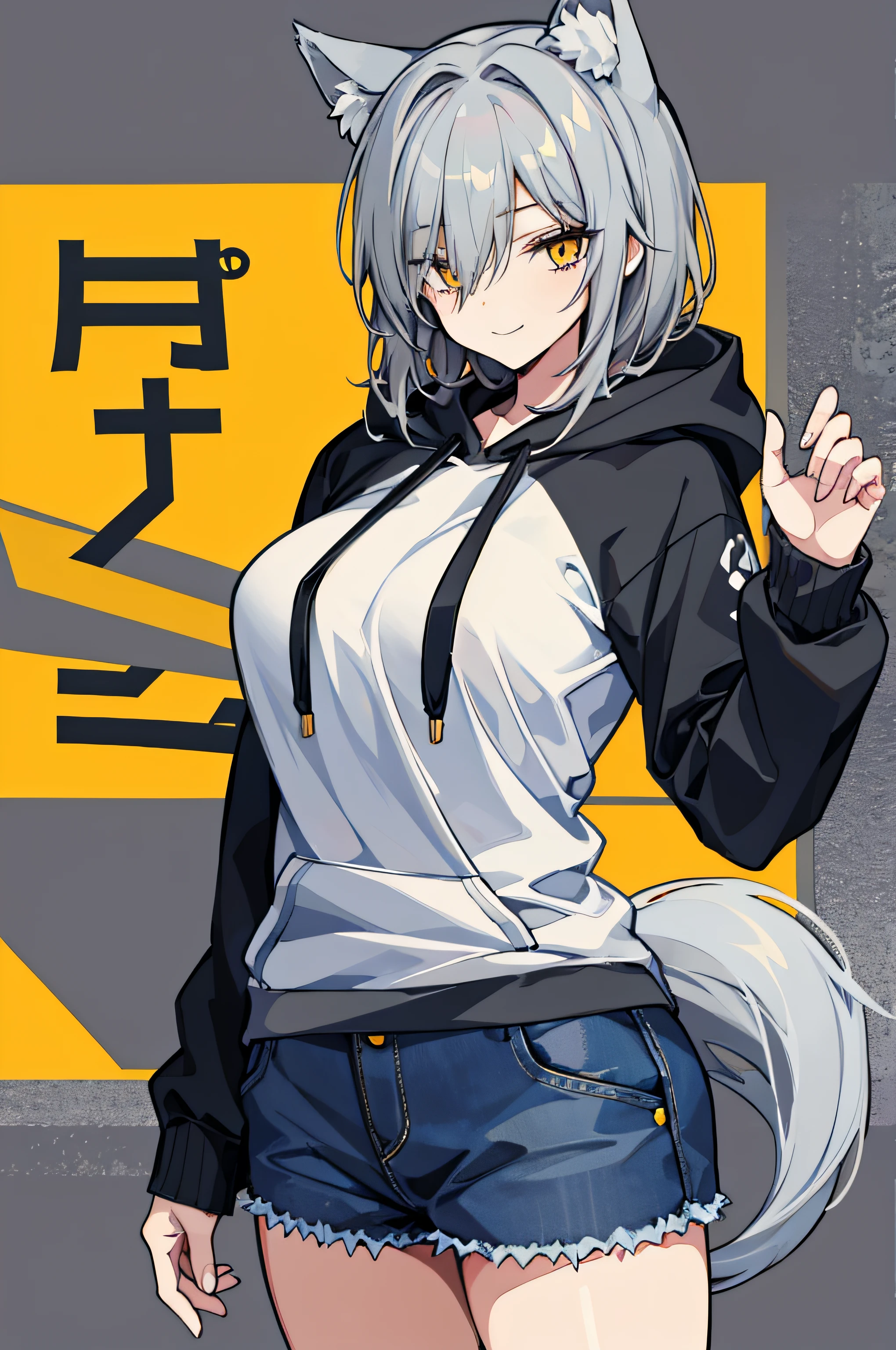 super fine illustration,1girl,(simple backgrond),hoodie,hair over one eye,full body,standing,cowboy shot,grey hair,yellow eyes,wolf ear,light smile,medium breasts