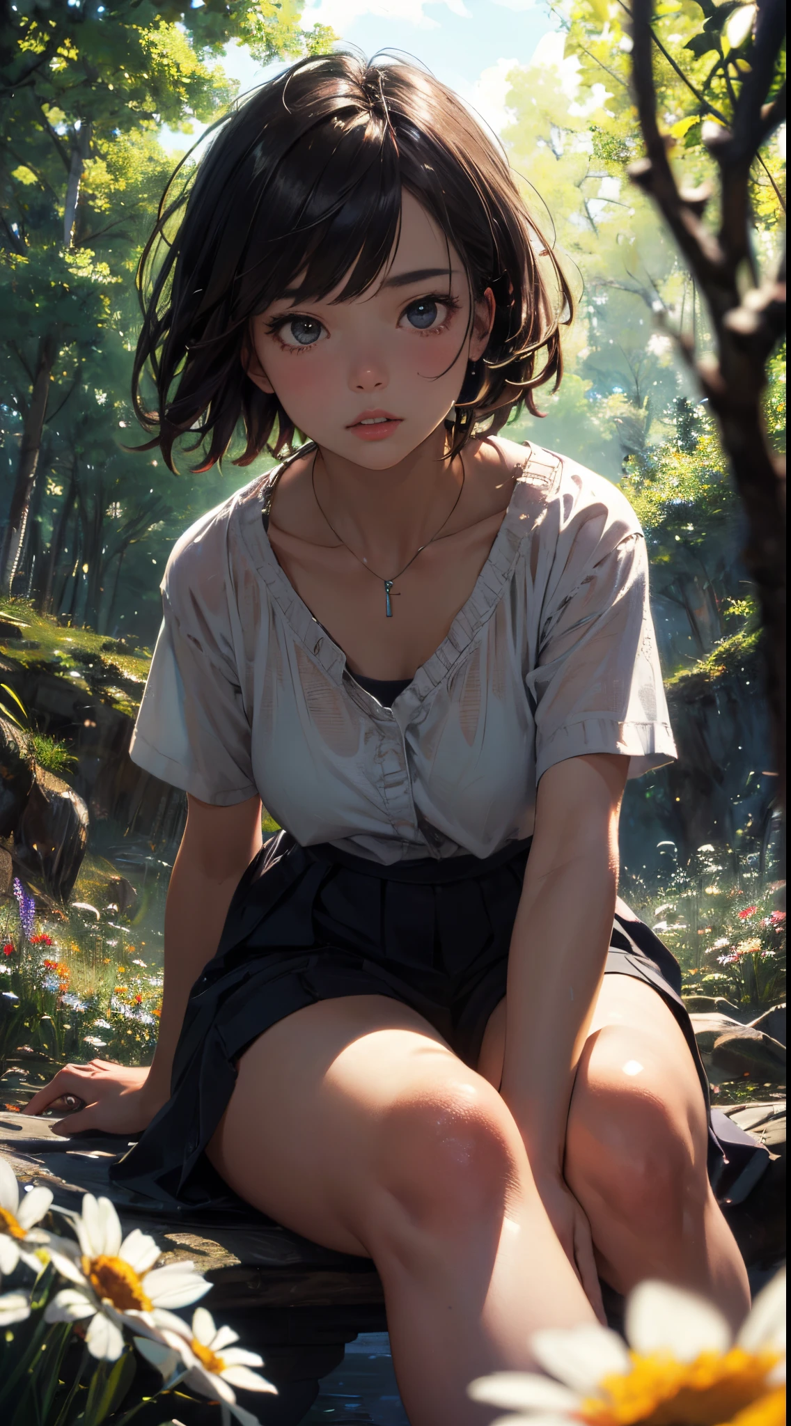 girl, sitting, side shot, (sky:1.3), (masterpiece, best quality, perspective, depth of field:1.5), flowers, rocky mountain, woods, beautiful face, thighs, from below, 8k, raw photo, absurdres, impressionism, (Tom Thomson, Claude Monet, Joaquín Sorolla, James Wilson Morrice, John Fabian Carlson, Hugh Henry Breckenridge:0.8), HDR, photorealistic, film grain, chromatic aberration, highres, ultra detailed, finely detail, dynamic lighting, dramatic lighting, shadow, sharp focus, extremely detailed eyes and face, sharp pupils, realistic pupils