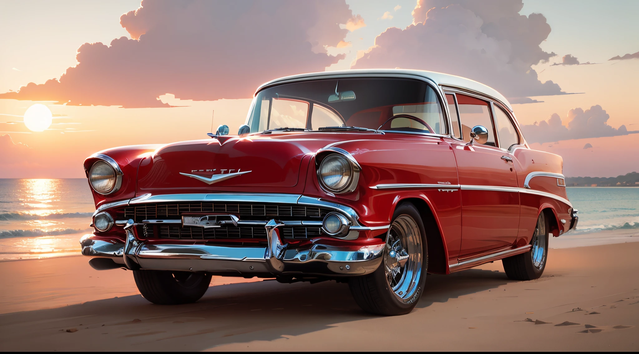Red car with white 57 Chevy details and beach and boats and yachts at sunset near Syd Mead