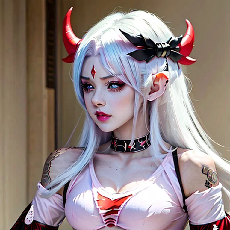 Anime girl, white hair, has demon horns , has elf ears, has tattoos, beautiful, small breast, big ass, wearing booty shorts, wearing a crop top with no sleeves