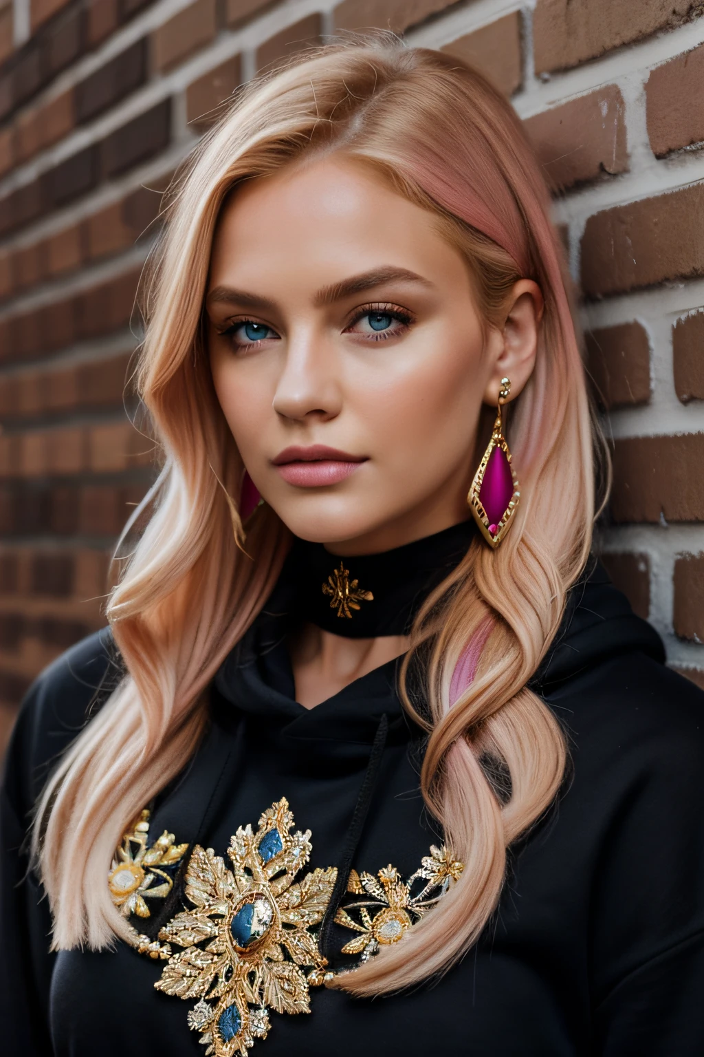 (masterpiece, best quality, 1girl, solo, intricate details, chromatic aberration), realistic,((medium breath)),long hair, blond hair, red head ornament, pink highlights, hair over one eye,purple eyes, earrings, sharp eyes, choker,black naked hoodie, (symmetry eyes),(perfect symmetrical body),against wall, brick wall, graffiti, dim lighting, alley ,look at viewer,