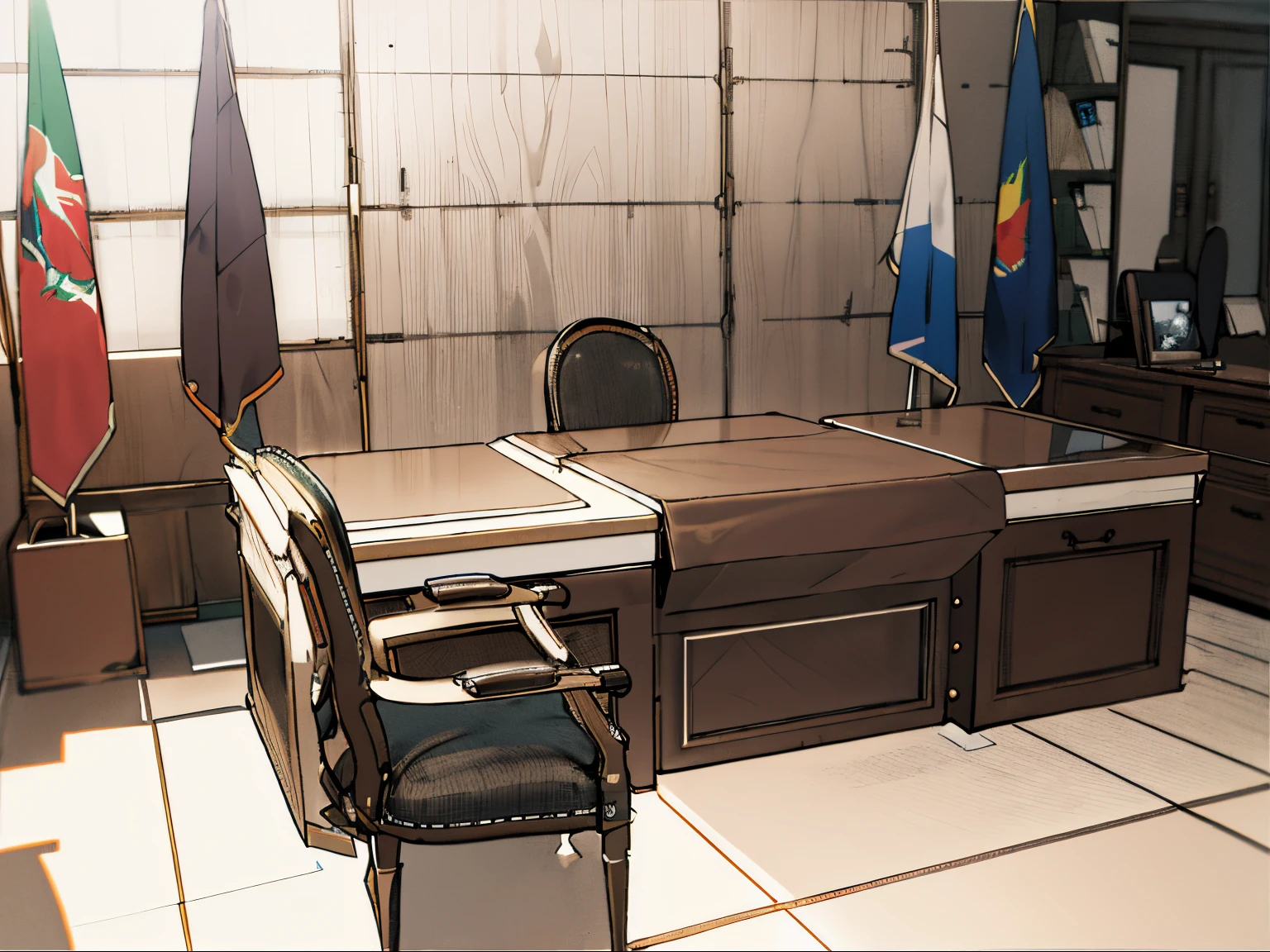 there is a desk with a chair and a desk with a flag on it, set inside of office, desk, big desk, emir, king, resolute desk, eliran kantor, president, stunning image, offices, desks, office furniture, version 3, by Edward Ben Avram, office interior, beautiful image, interior, mesa, kurdistan